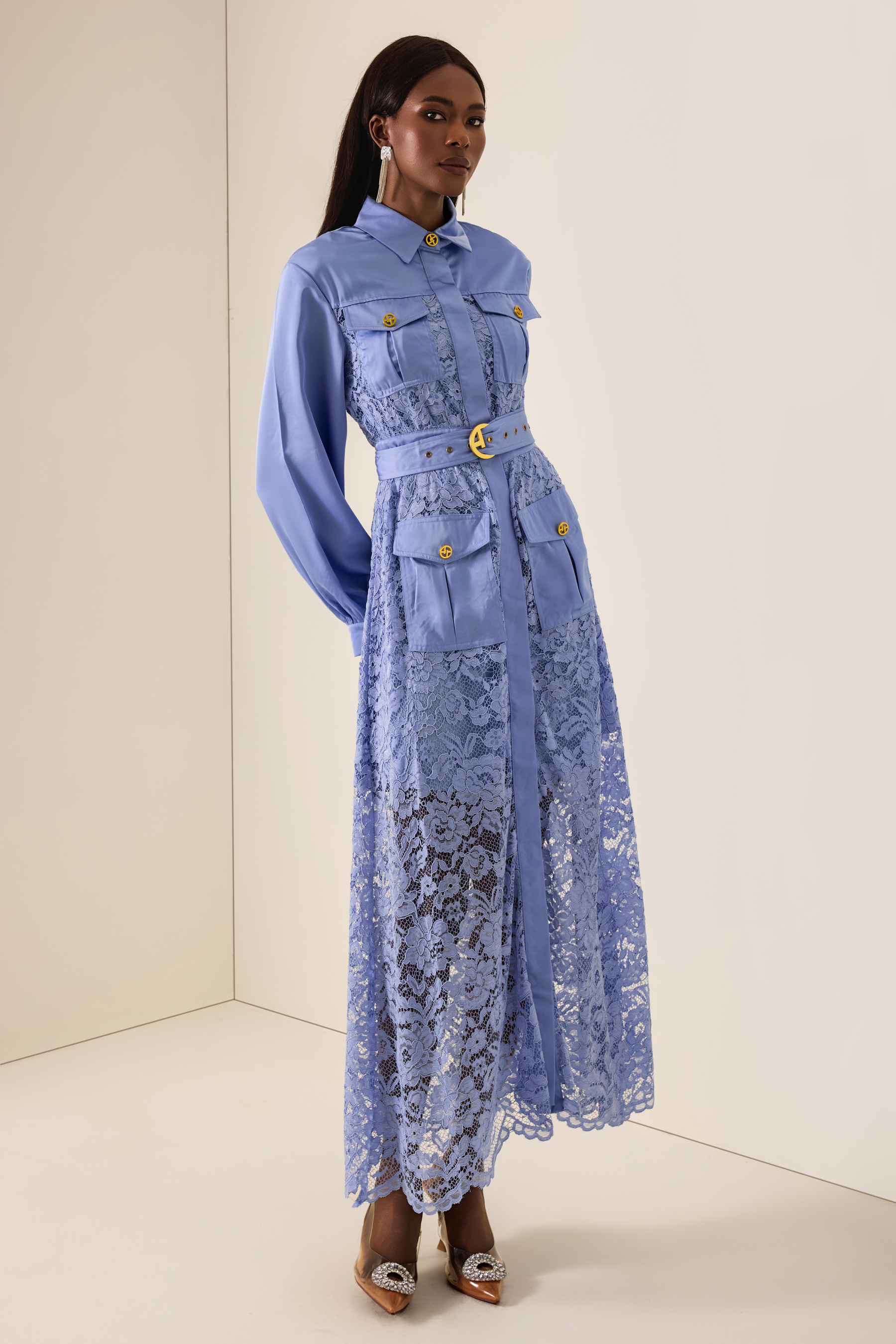 Splicing Lace Lantern Sleeve Midi Dress With Belt