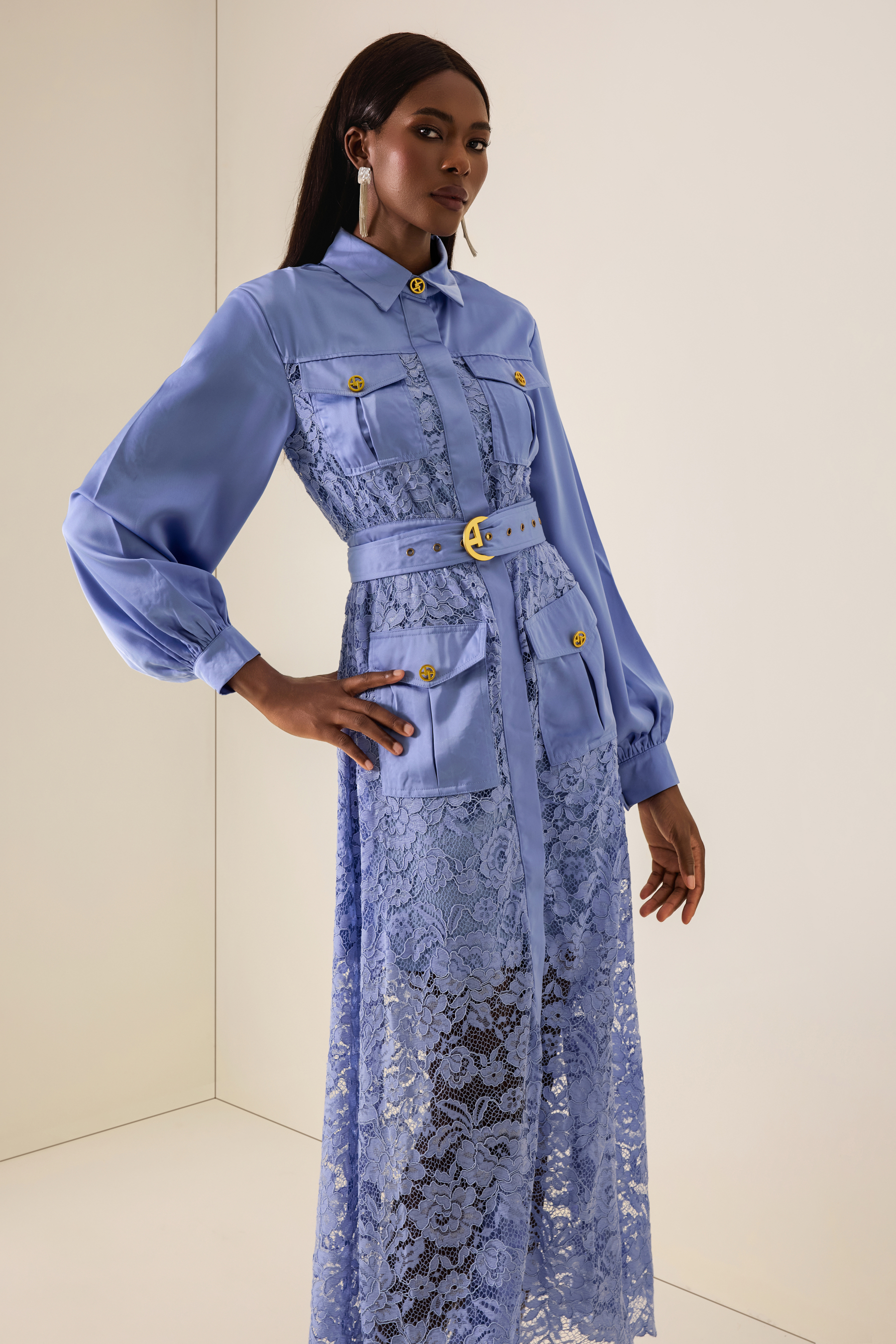 Splicing Lace Lantern Sleeve Midi Dress With Belt