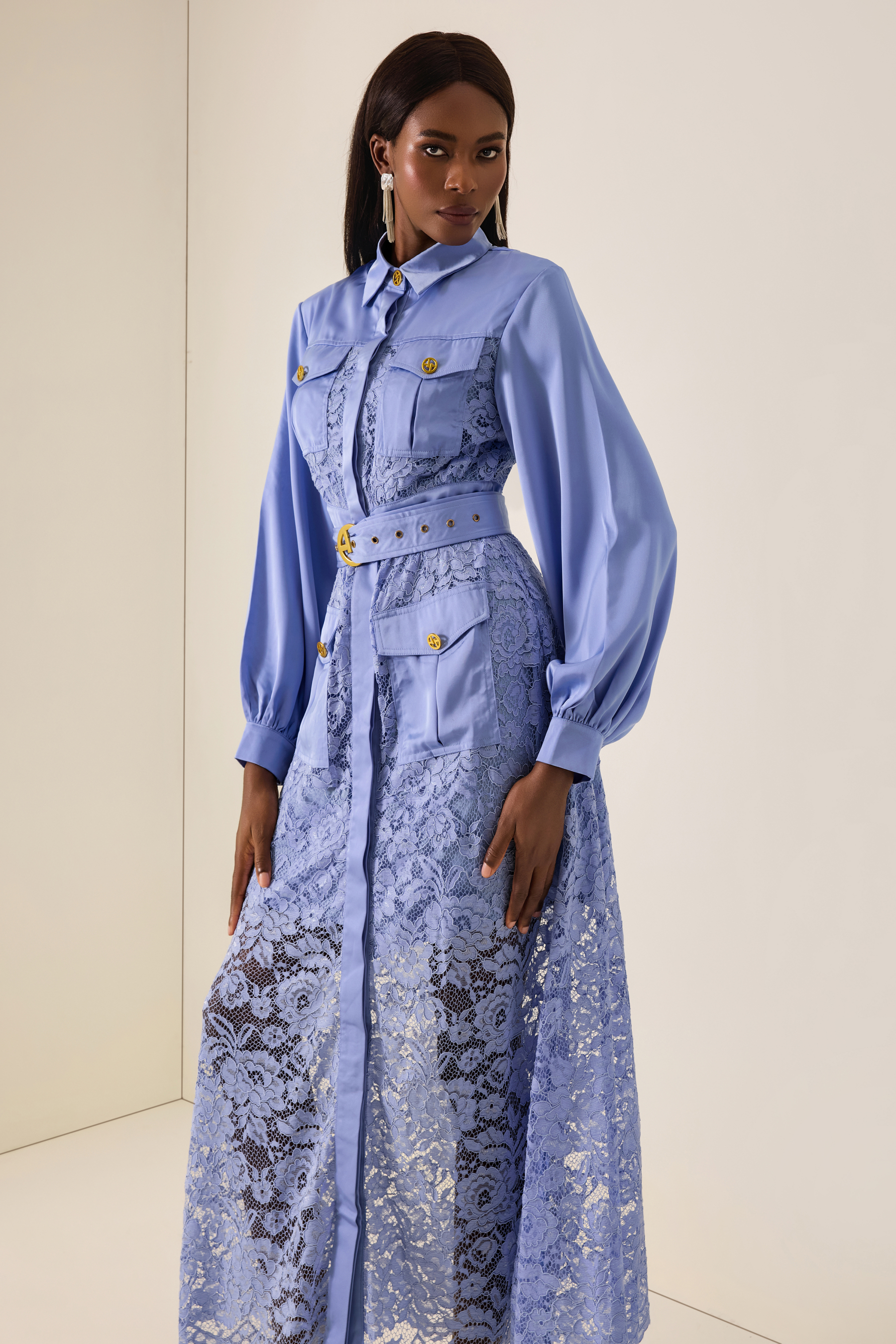 Splicing Lace Lantern Sleeve Midi Dress With Belt