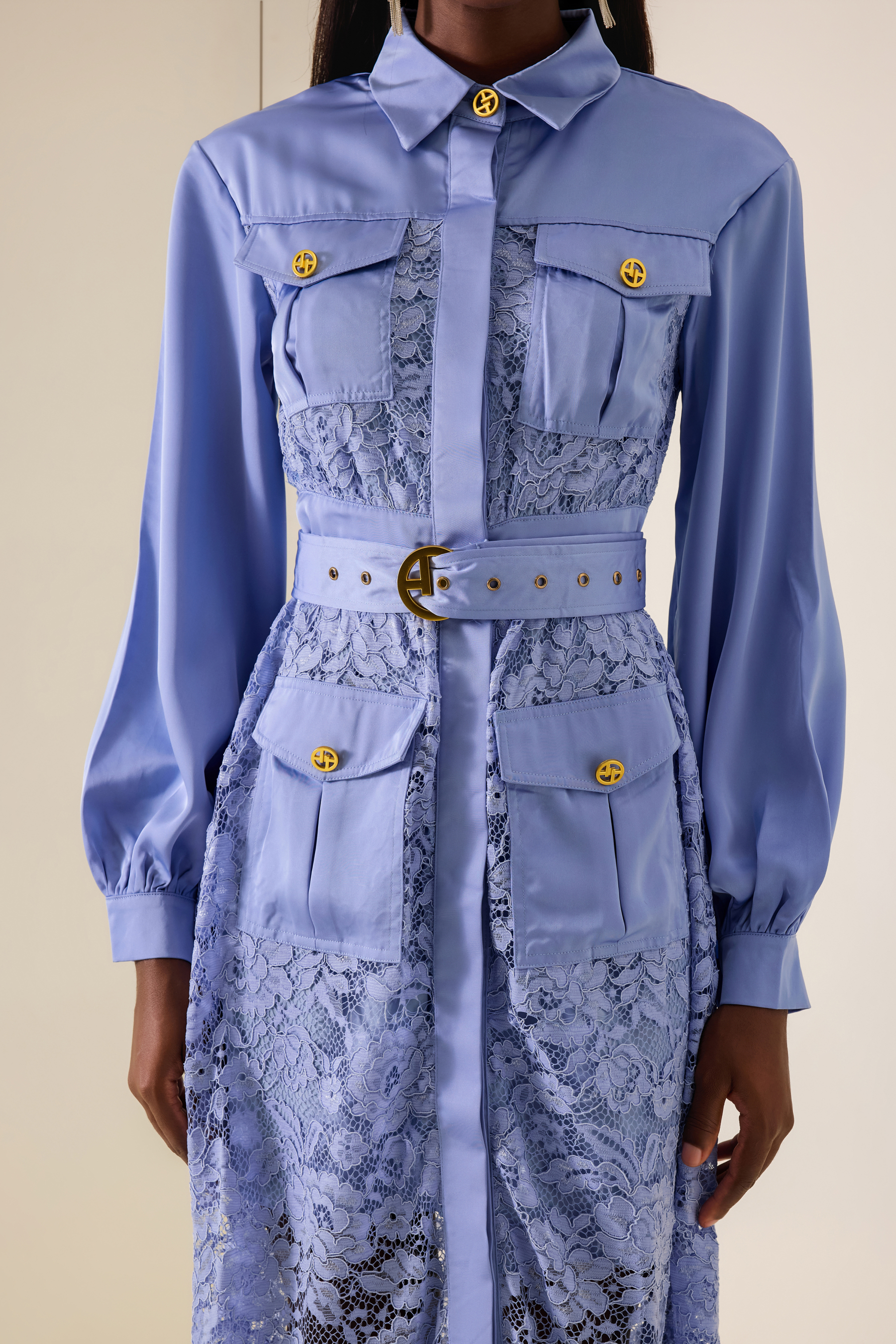 Splicing Lace Lantern Sleeve Midi Dress With Belt