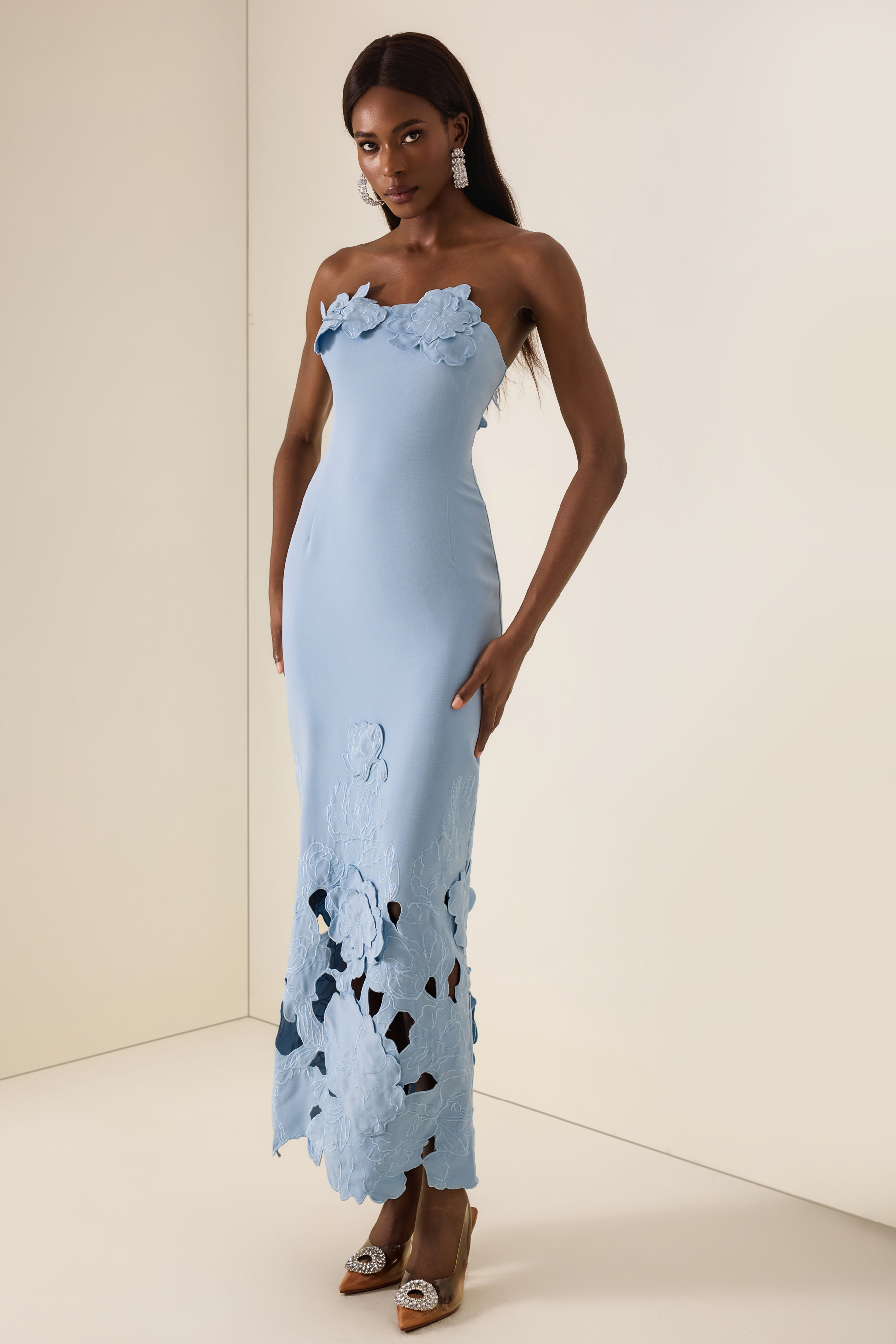 Off-Shoulder Floral Appliquéd Midi Dress