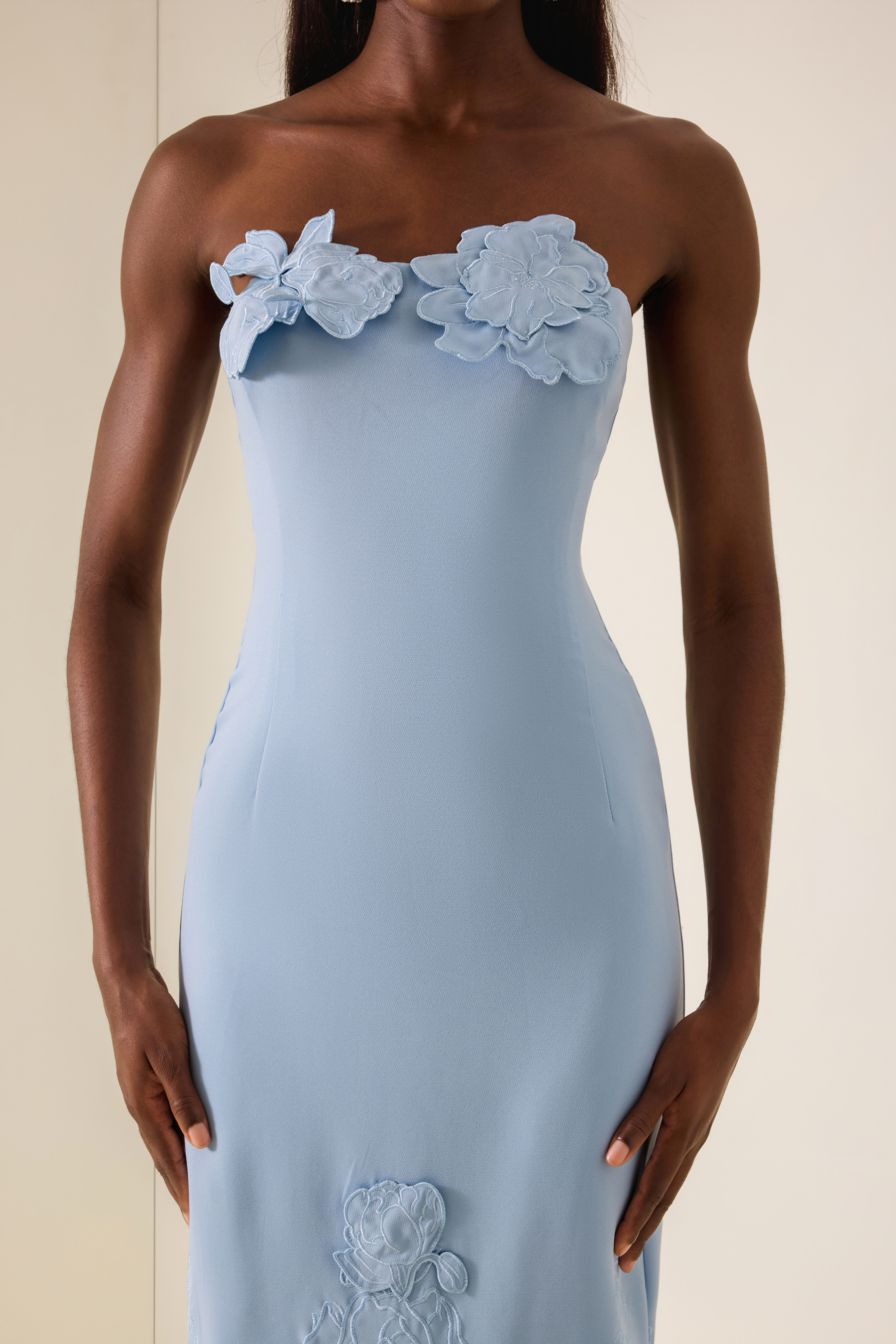 Off-Shoulder Floral Appliquéd Midi Dress