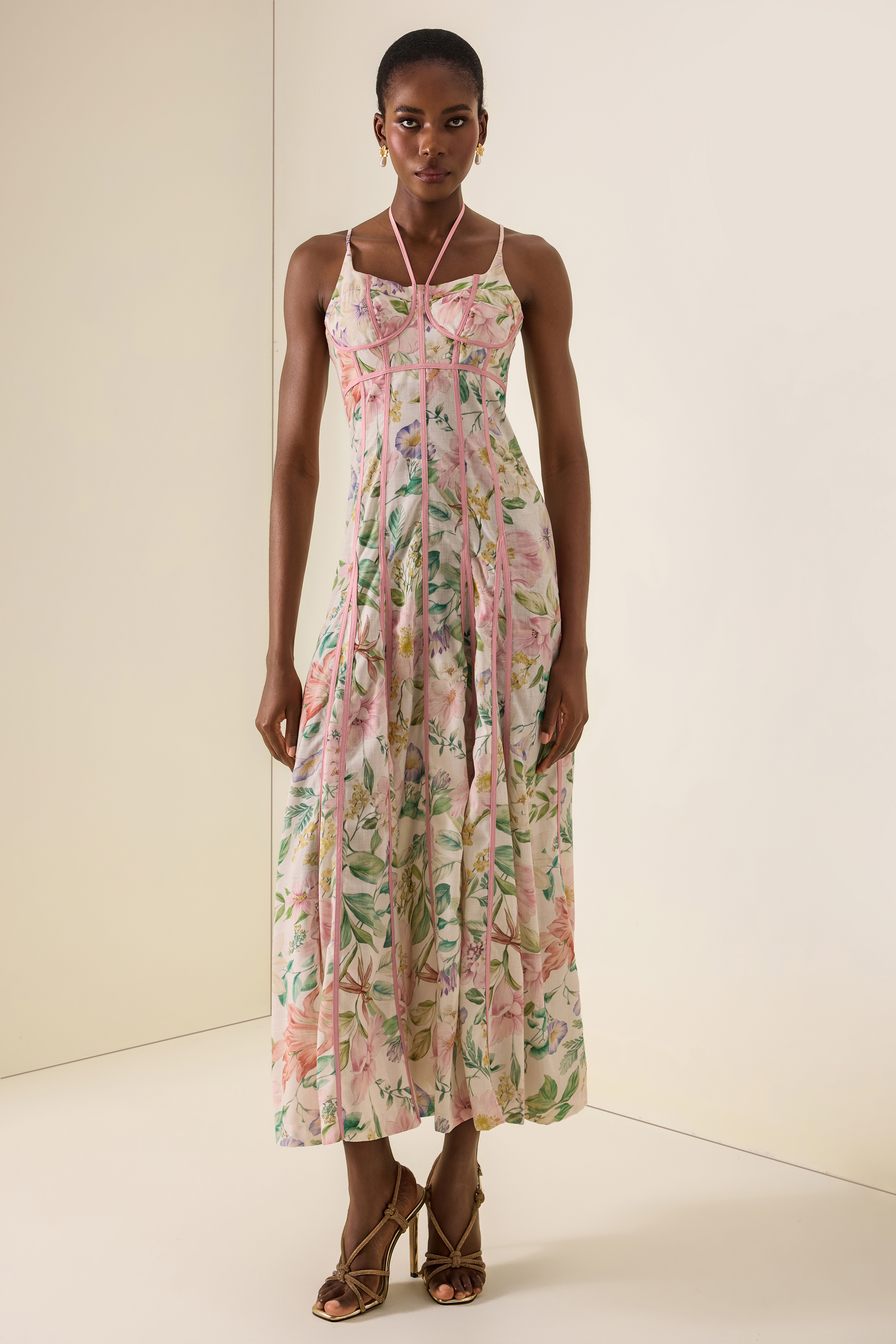 Floral Lace-Up Sweetheart Neck Midi Dress