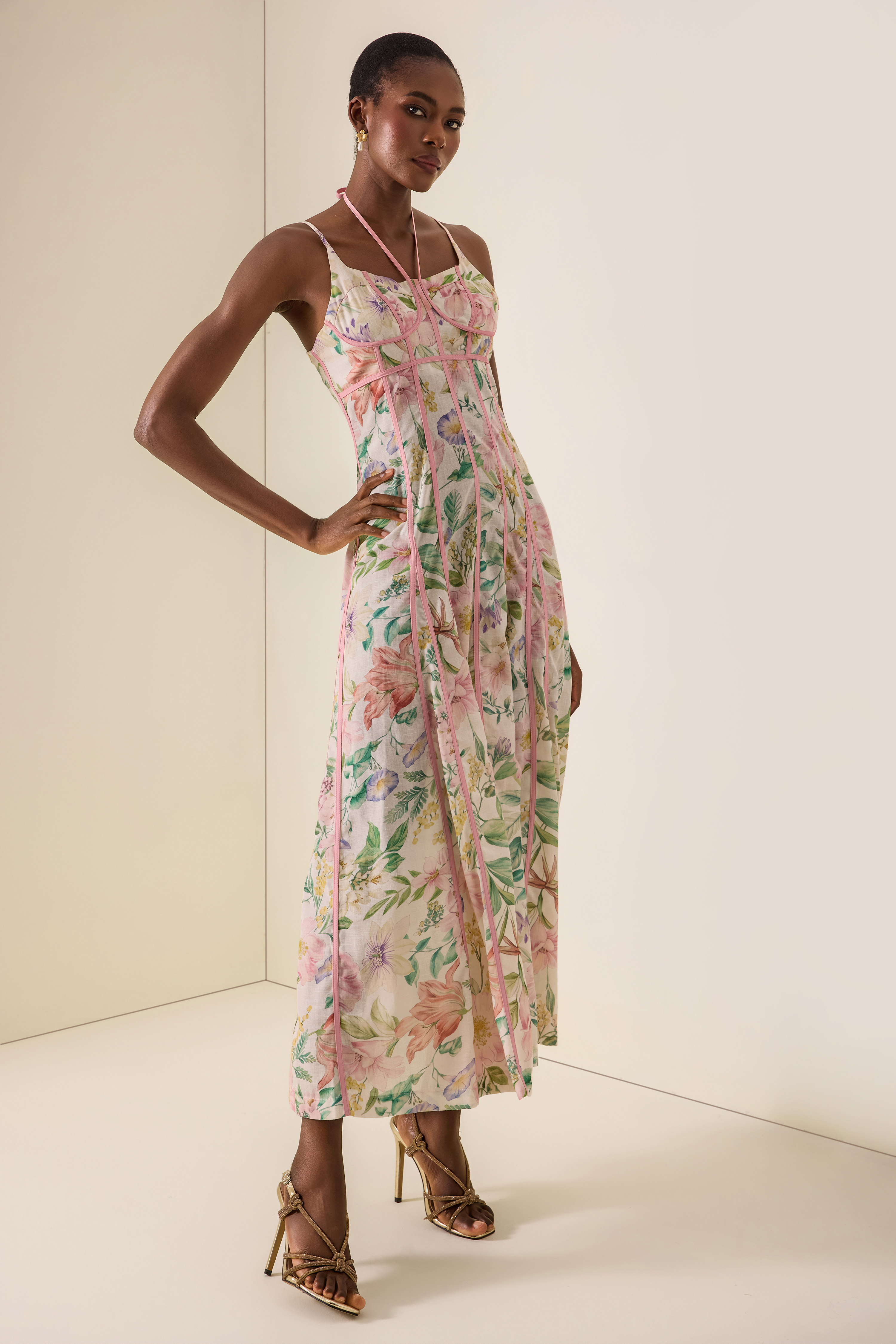 Floral Lace-Up Sweetheart Neck Midi Dress