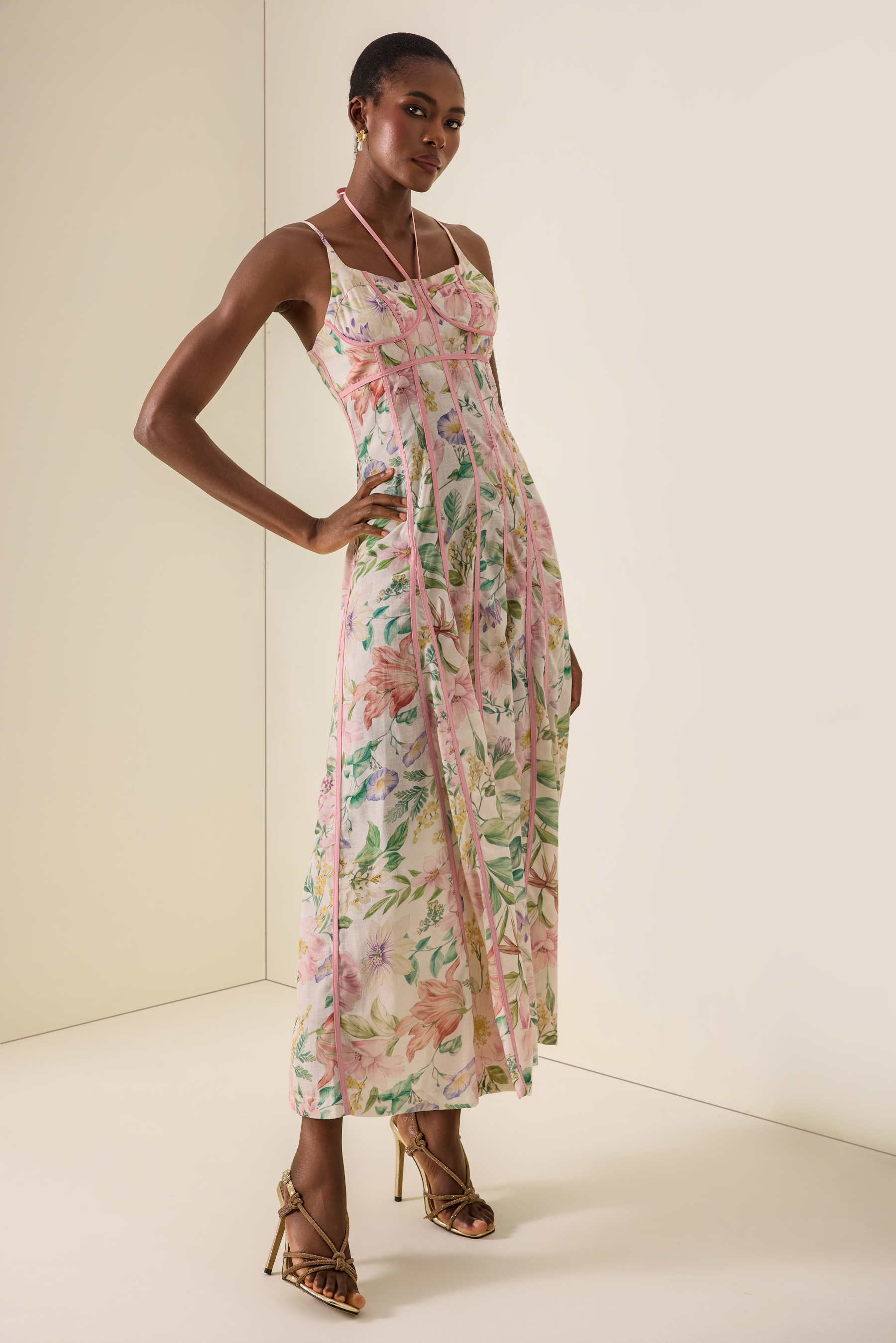 Floral Lace-Up Sweetheart Neck Midi Dress