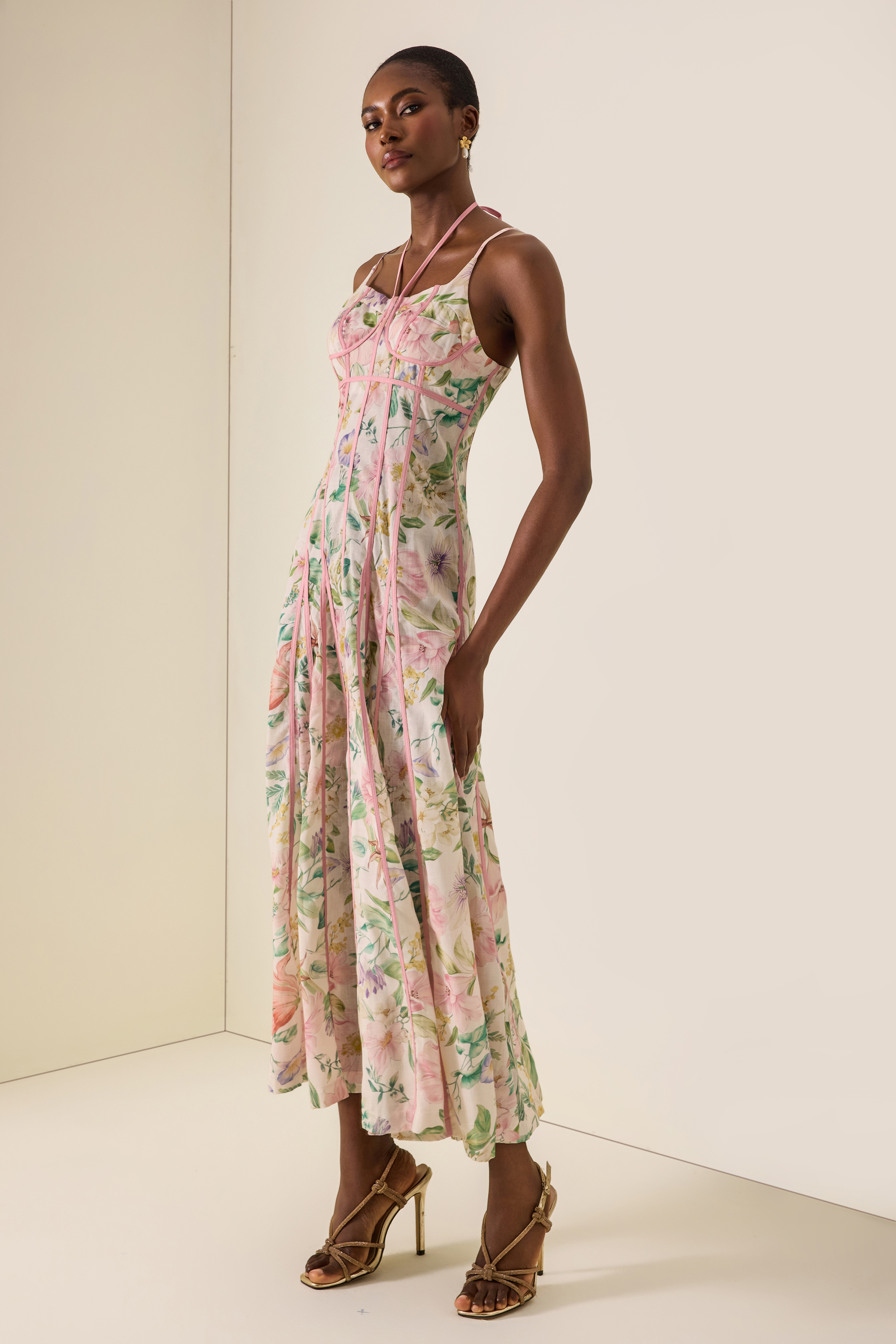Floral Lace-Up Sweetheart Neck Midi Dress