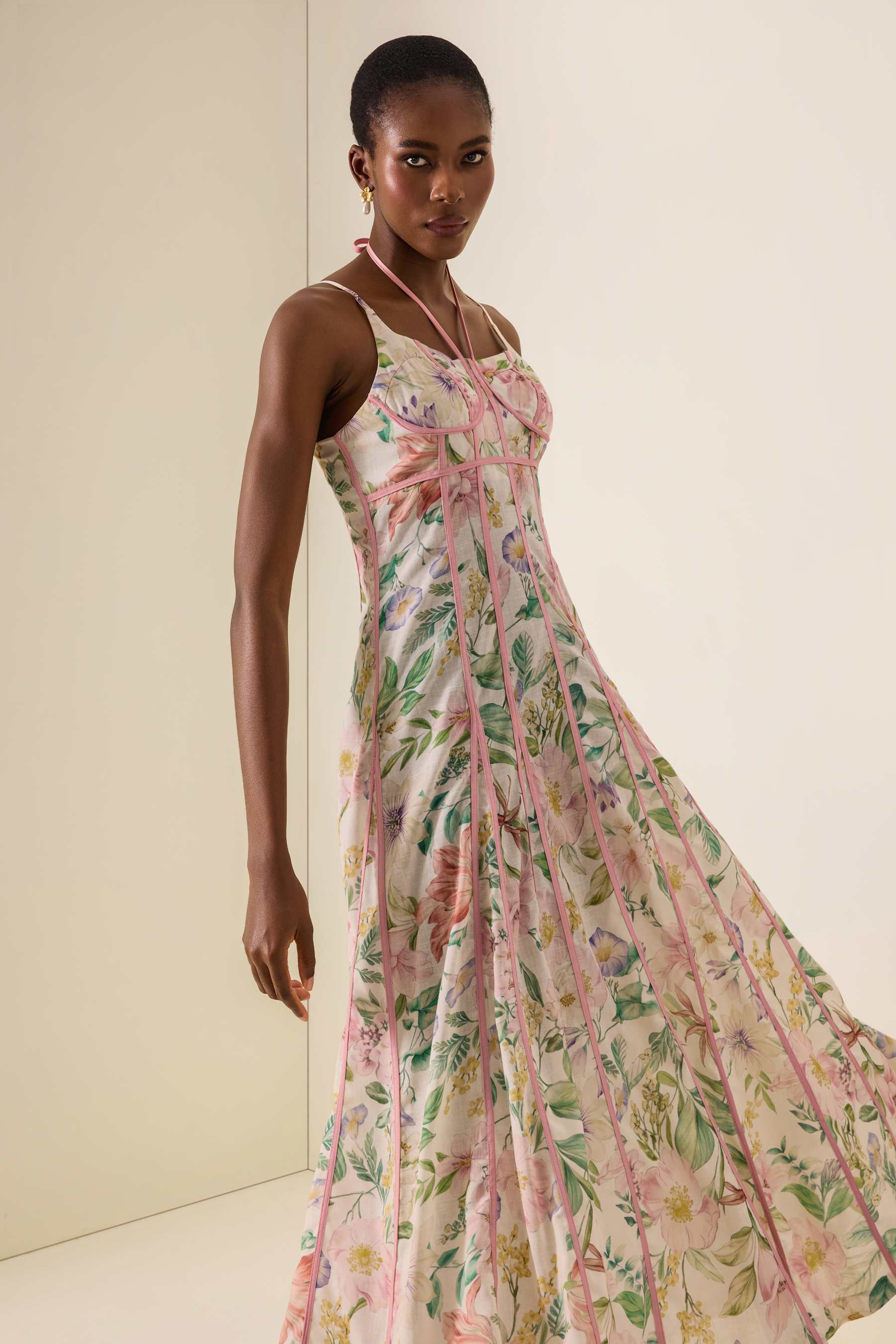 Floral Lace-Up Sweetheart Neck Midi Dress