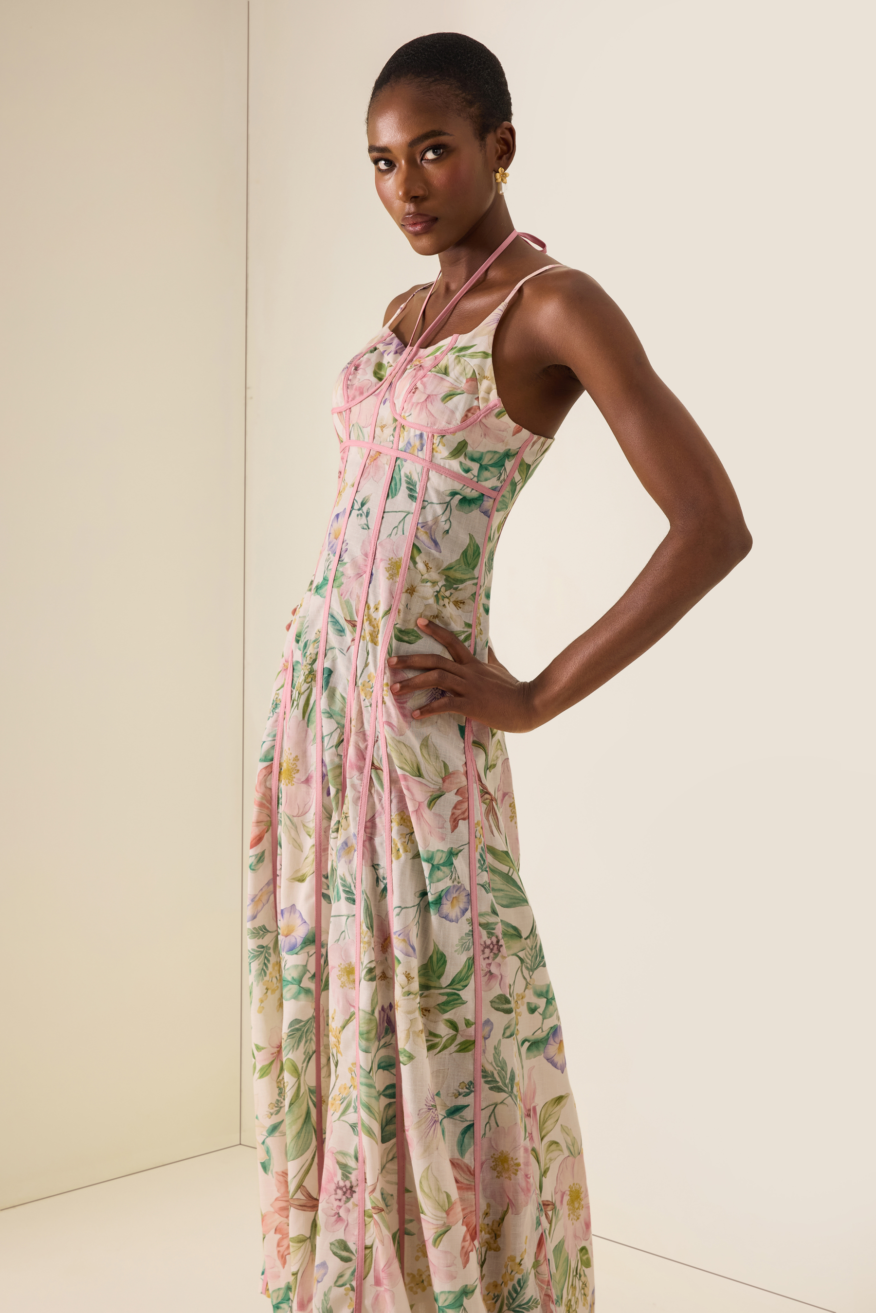 Floral Lace-Up Sweetheart Neck Midi Dress