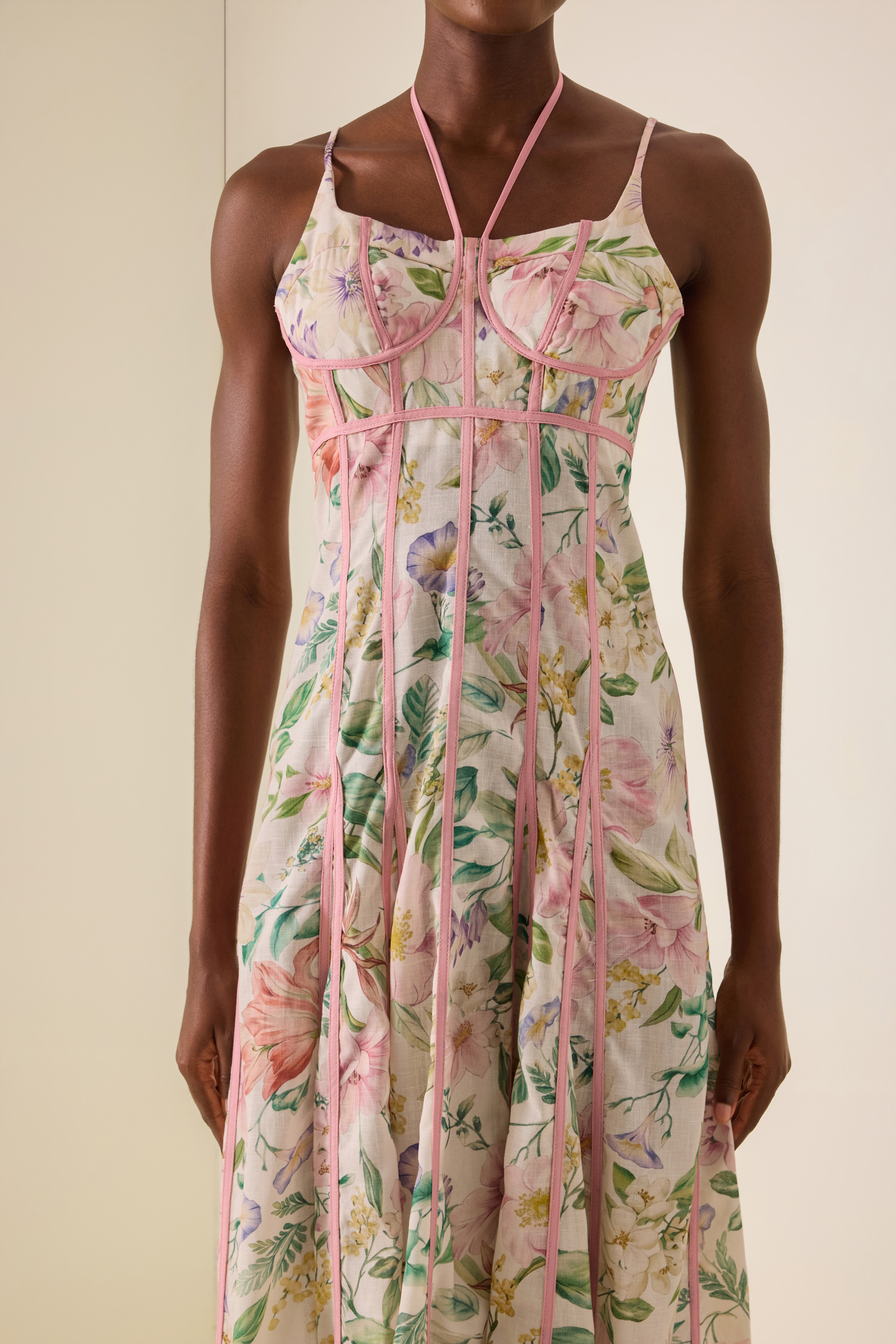 Floral Lace-Up Sweetheart Neck Midi Dress