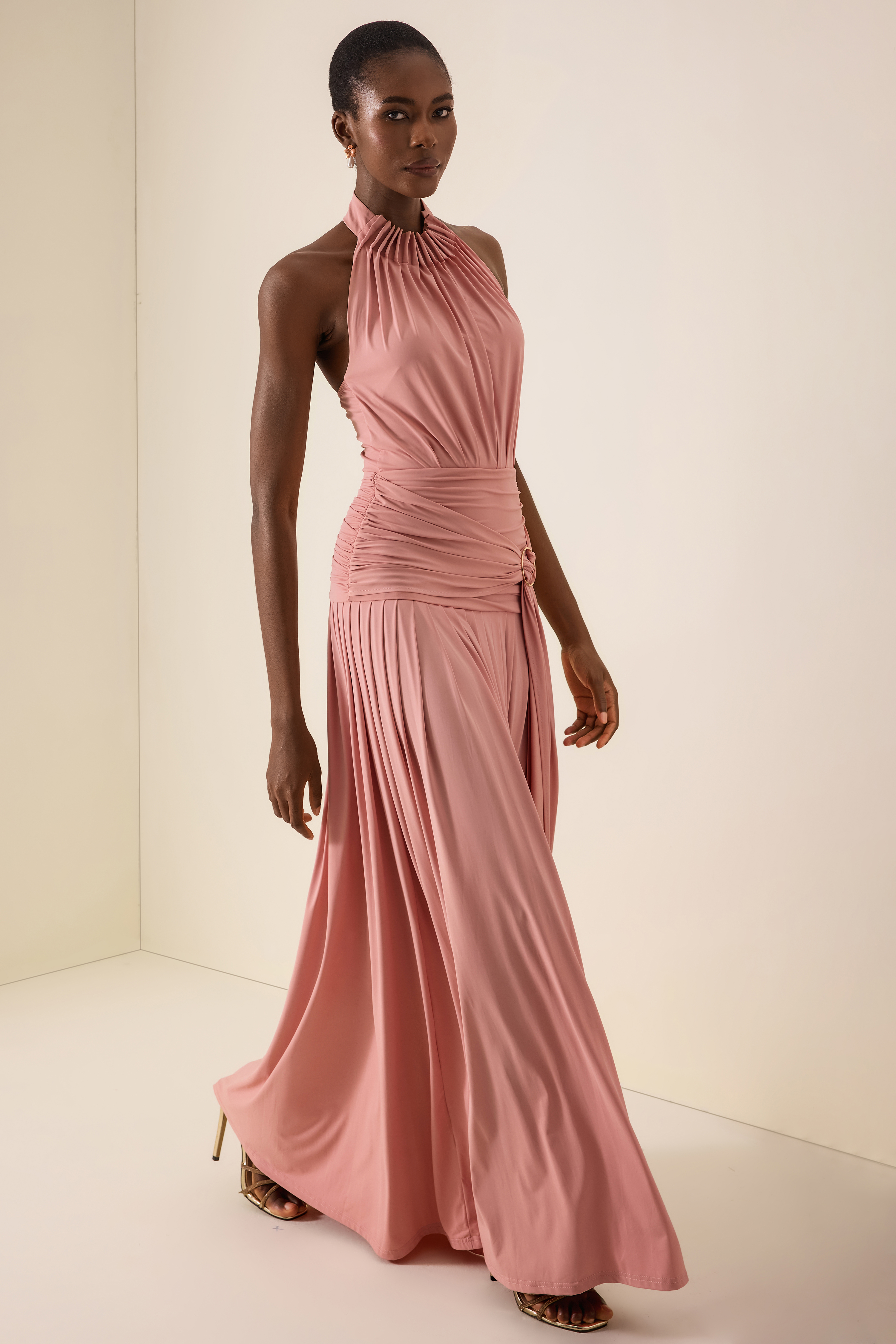 Solid Halter Neck Gathering Maxi Dress