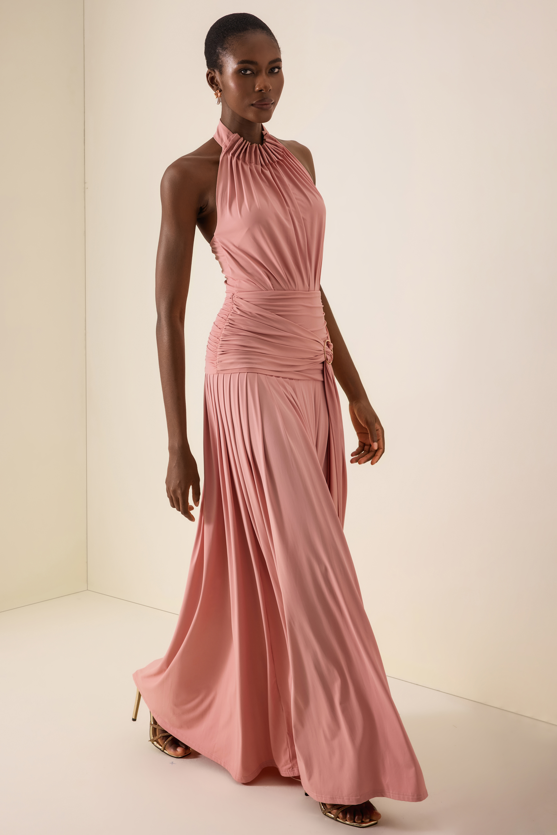 Solid Halter Neck Gathering Maxi Dress