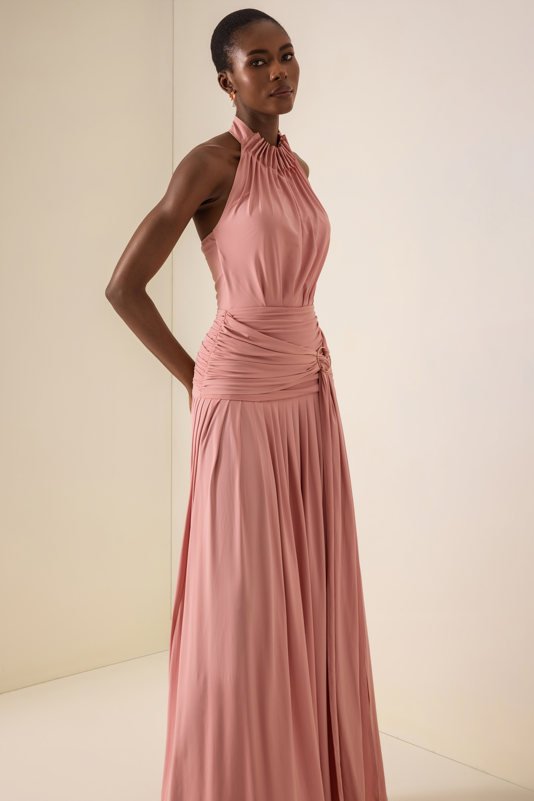 Solid Halter Neck Gathering Maxi Dress