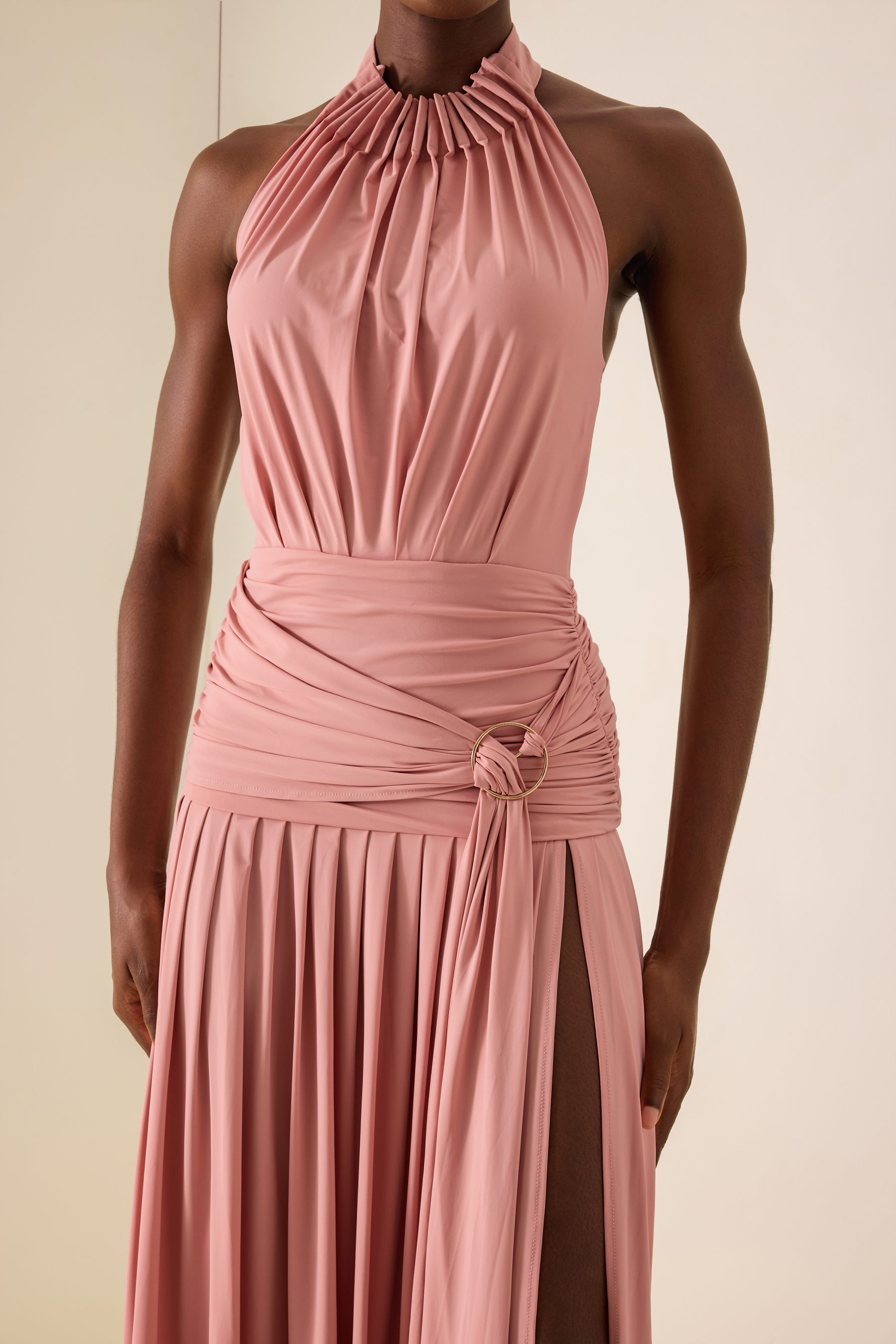 Solid Halter Neck Gathering Maxi Dress