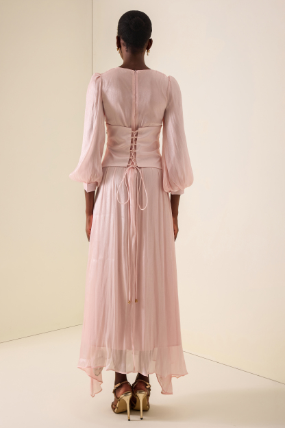 Satin Rhinestone Rivets Lantern Sleeve Maxi Dress
