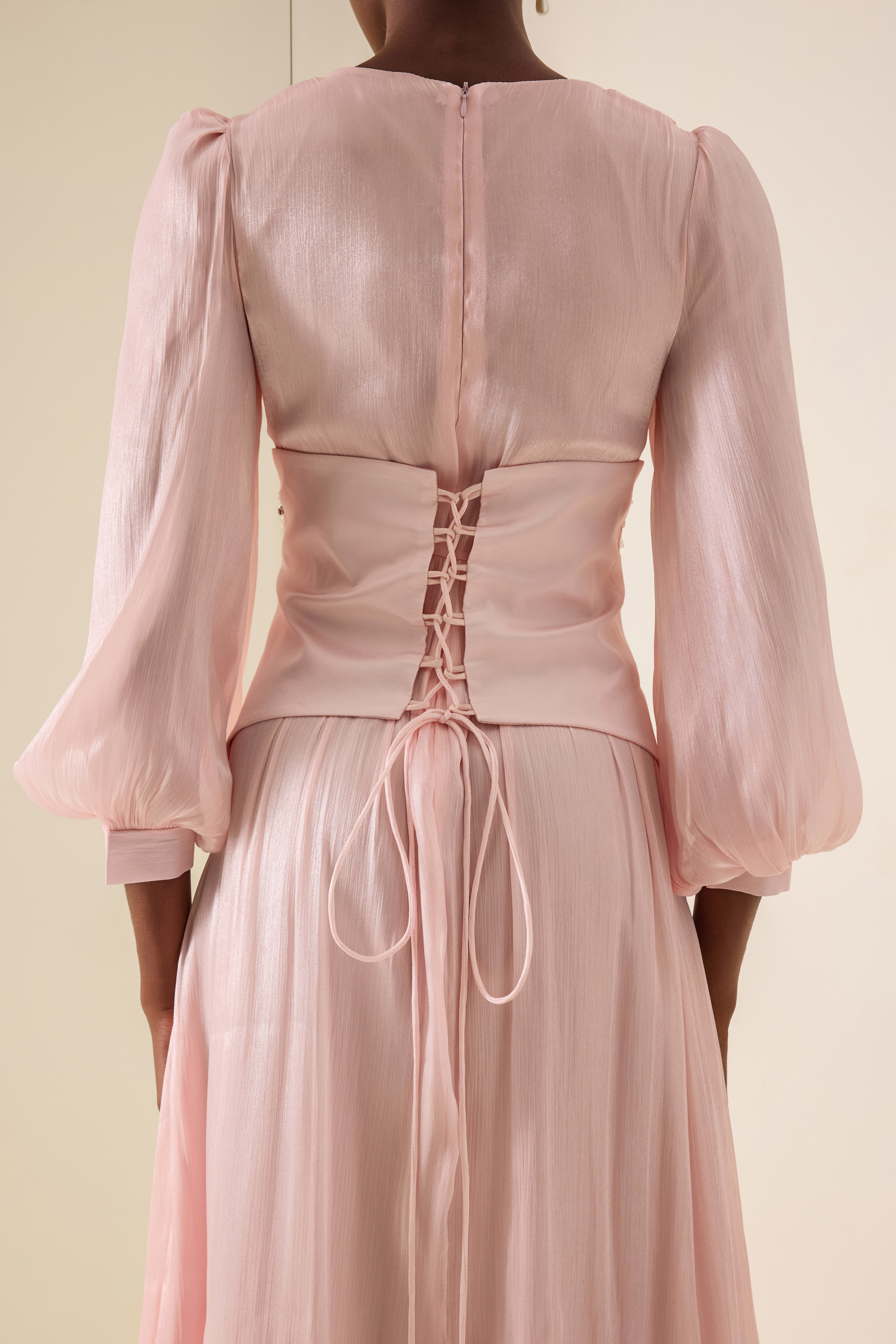 Satin Rhinestone Rivets Lantern Sleeve Maxi Dress