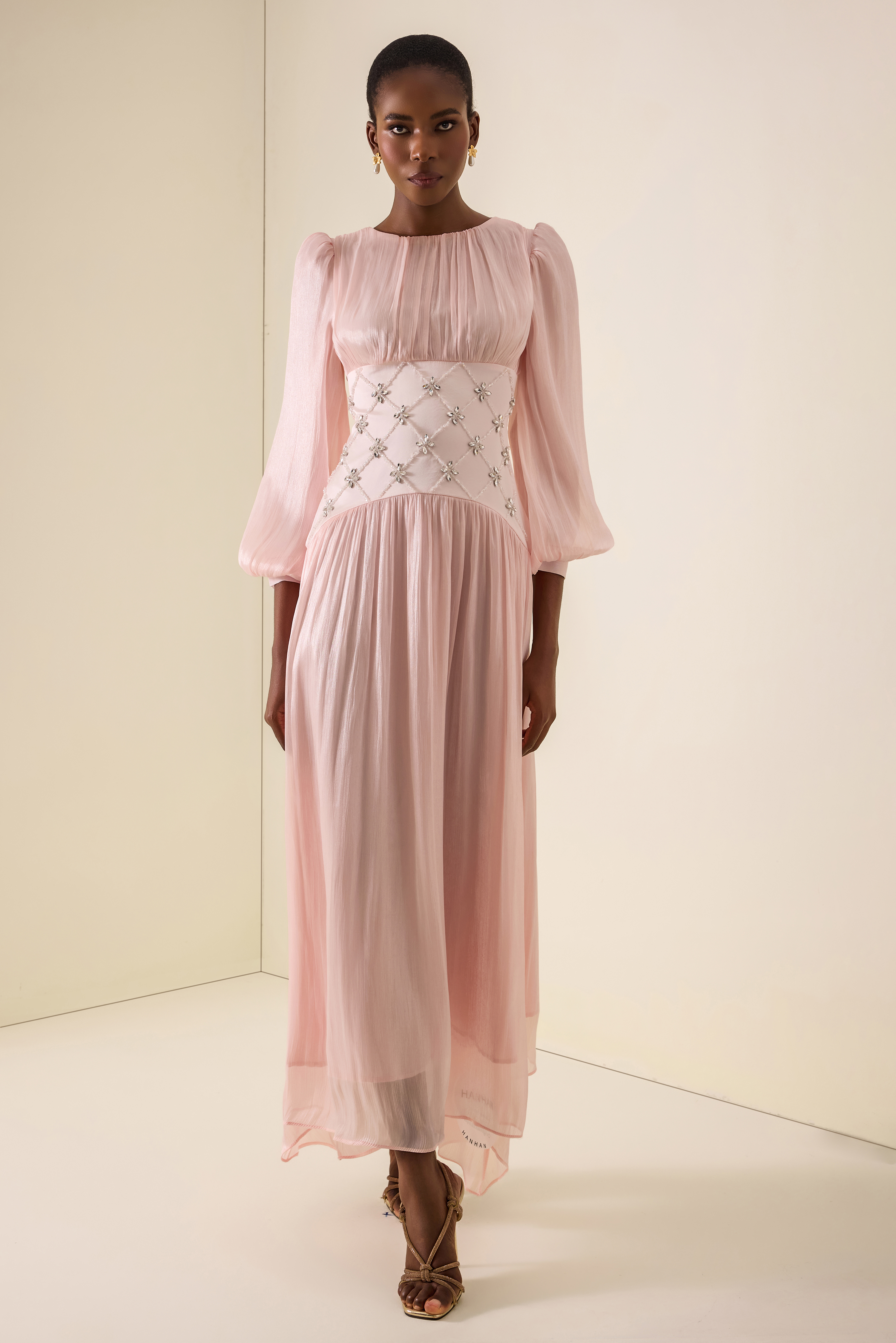Satin Rhinestone Rivets Lantern Sleeve Maxi Dress