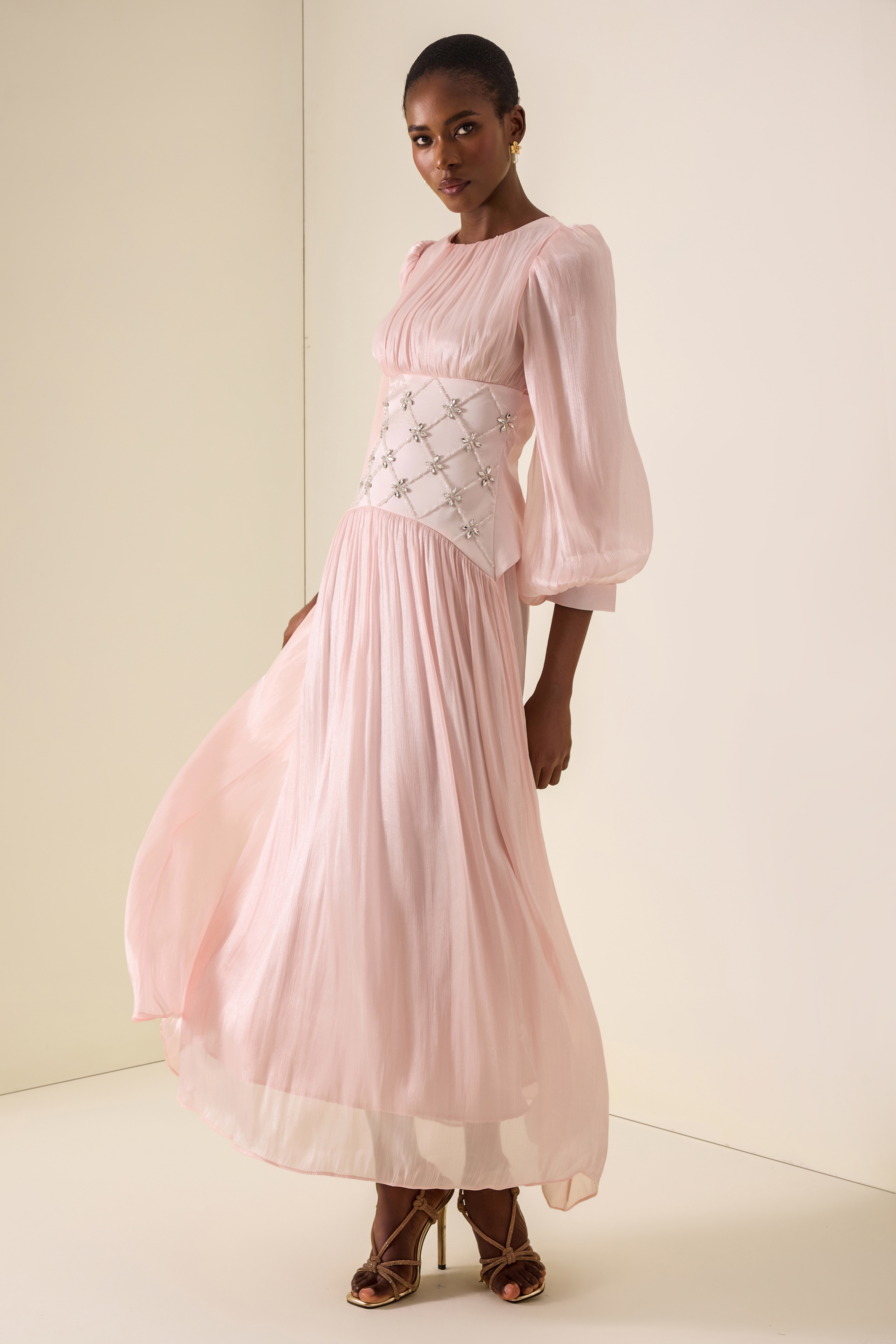 Satin Rhinestone Rivets Lantern Sleeve Maxi Dress
