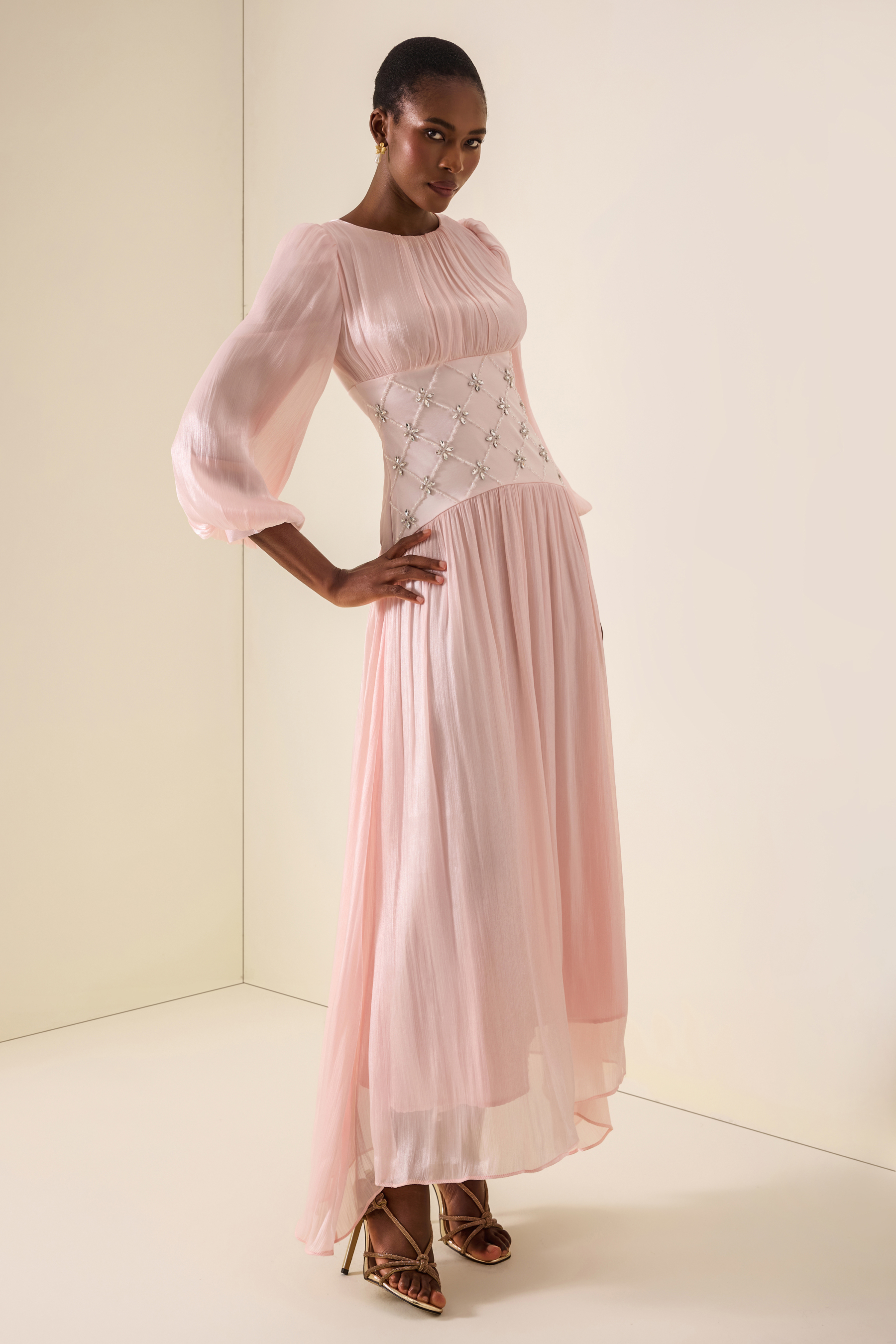 Satin Rhinestone Rivets Lantern Sleeve Maxi Dress