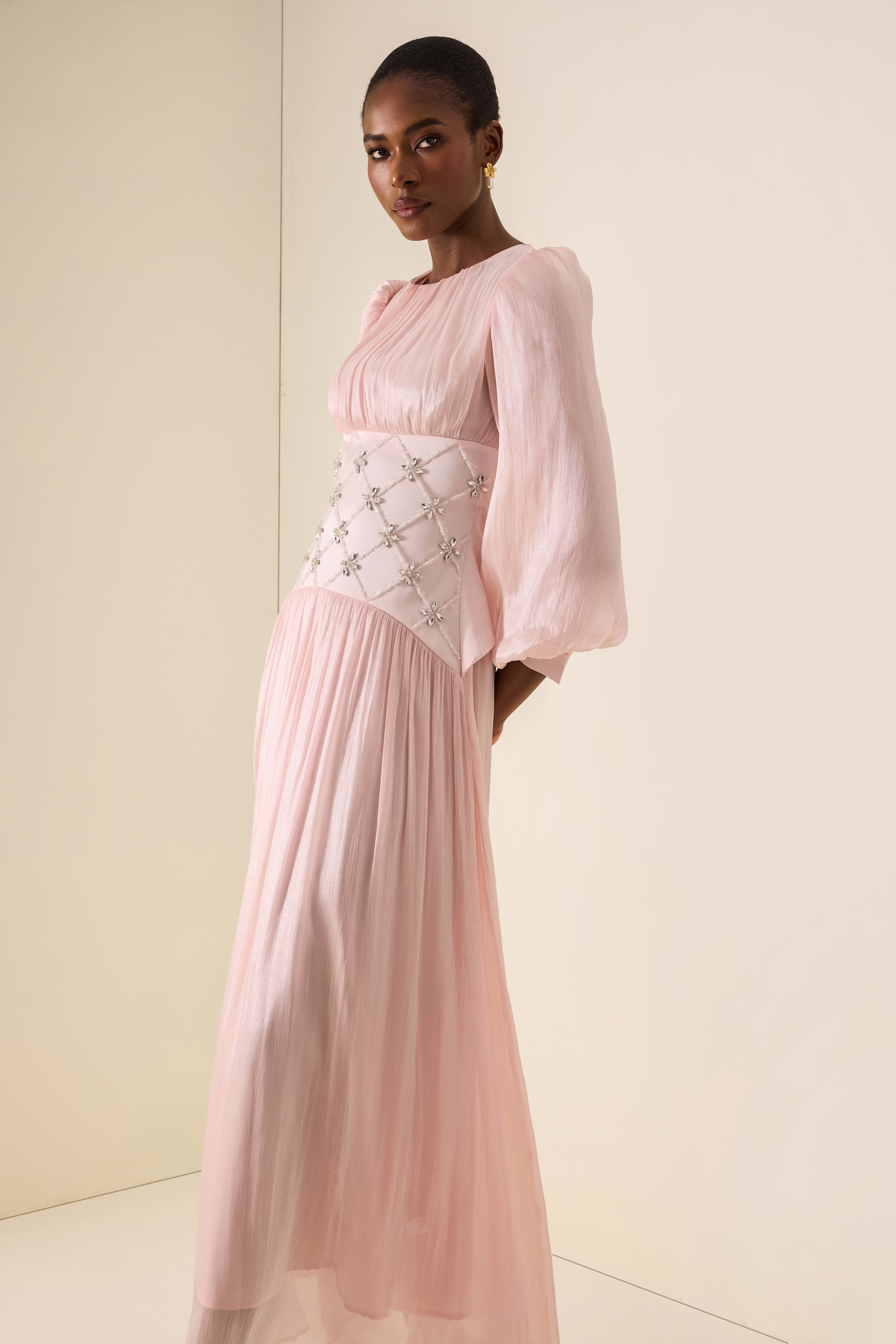 Satin Rhinestone Rivets Lantern Sleeve Maxi Dress