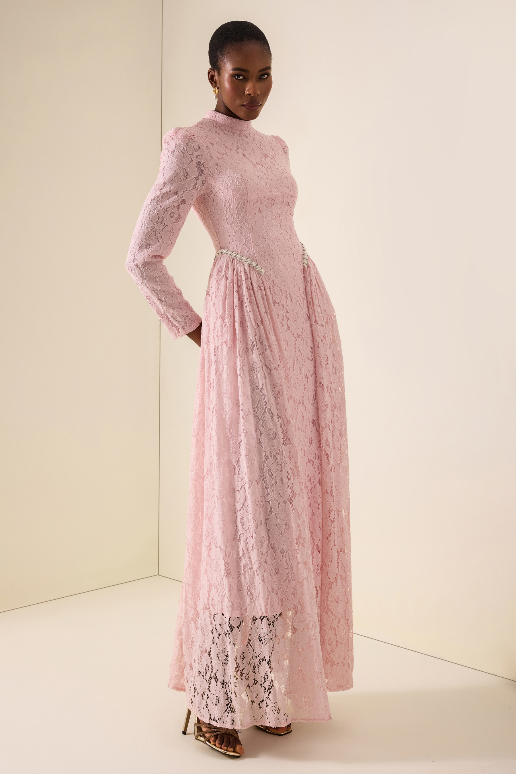 Lace Rivet Long Sleeve Maxi Dress