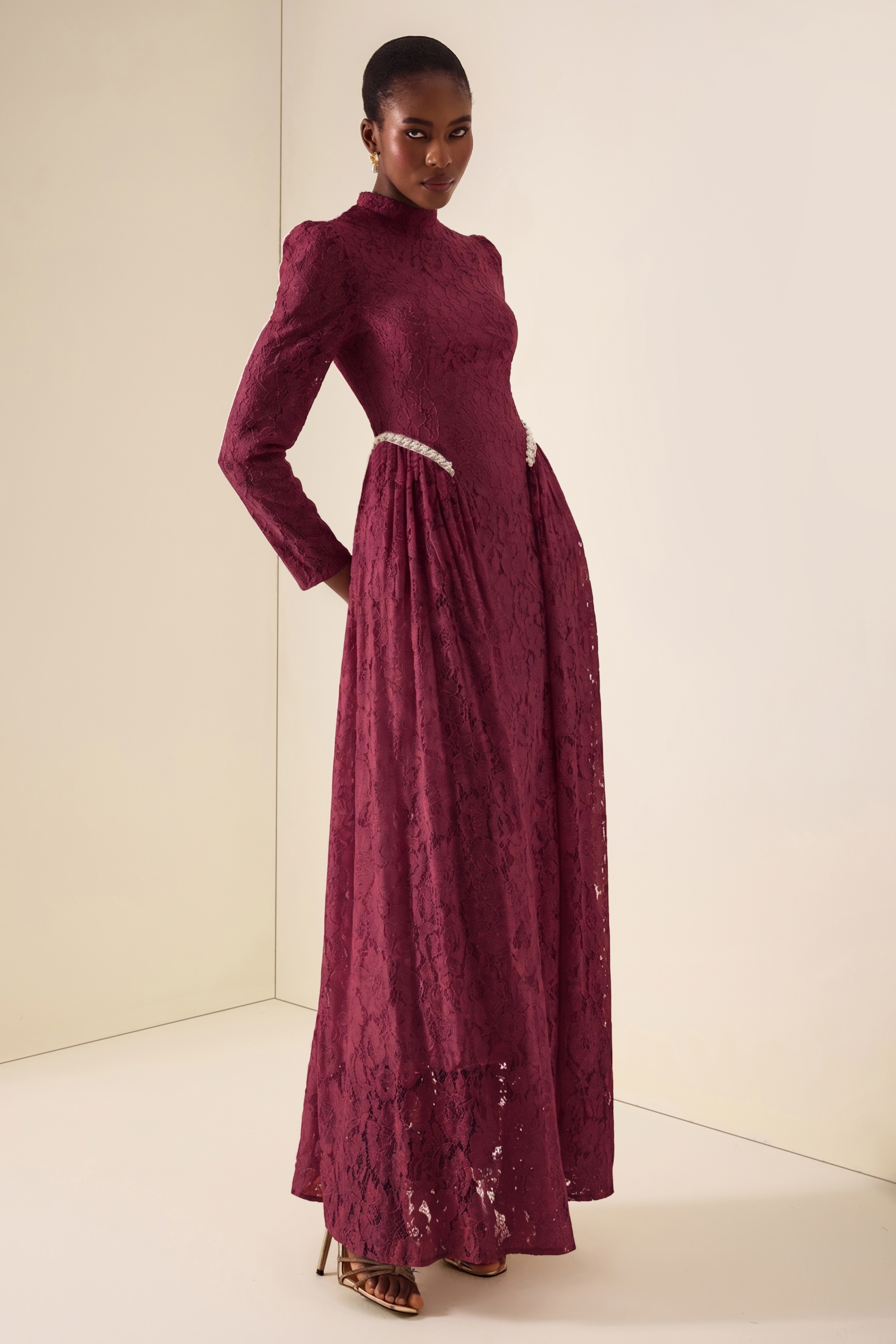 Lace Rivet Long Sleeve Maxi Dress