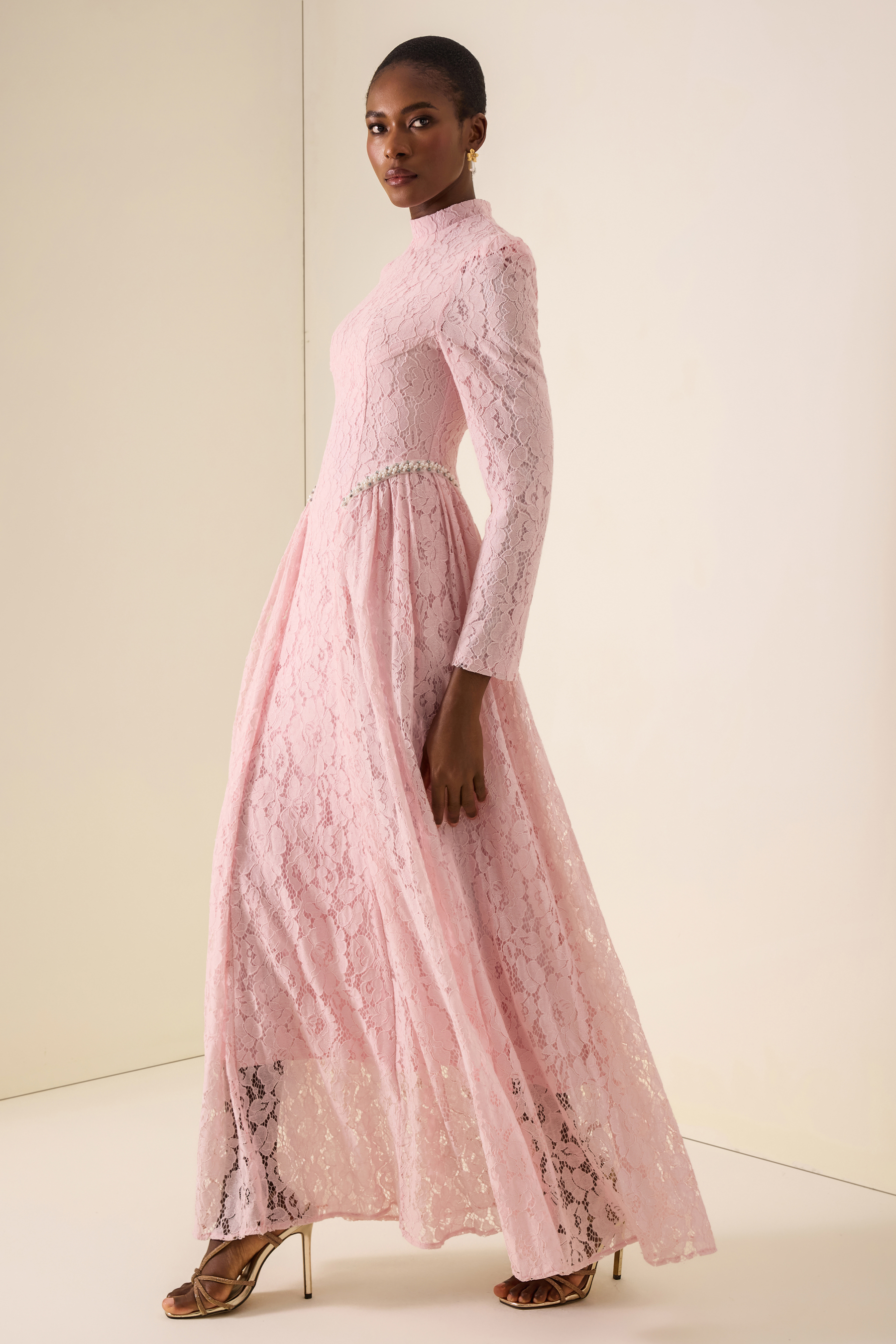 Lace Rivet Long Sleeve Maxi Dress