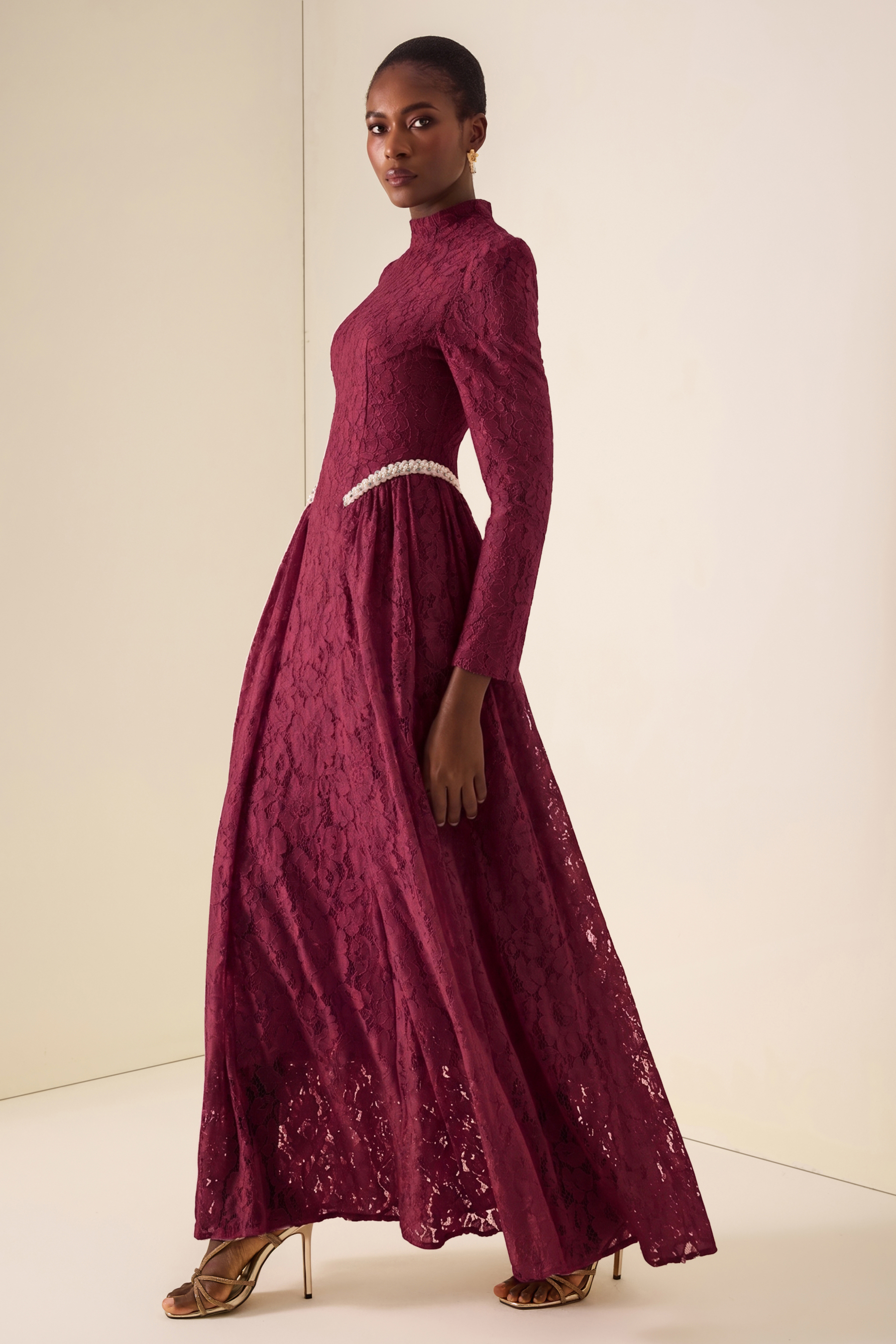 Lace Rivet Long Sleeve Maxi Dress