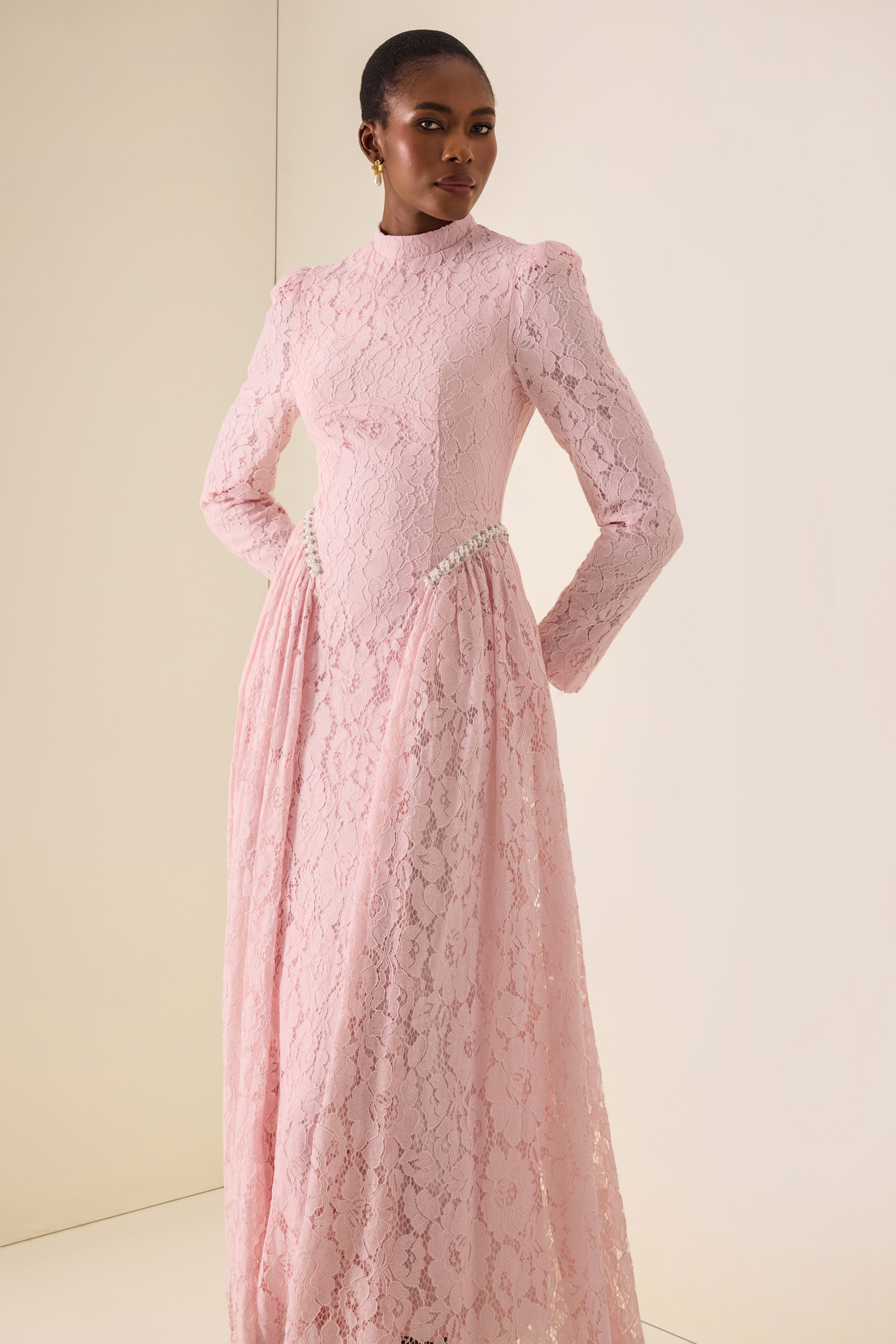 Lace Rivet Long Sleeve Maxi Dress
