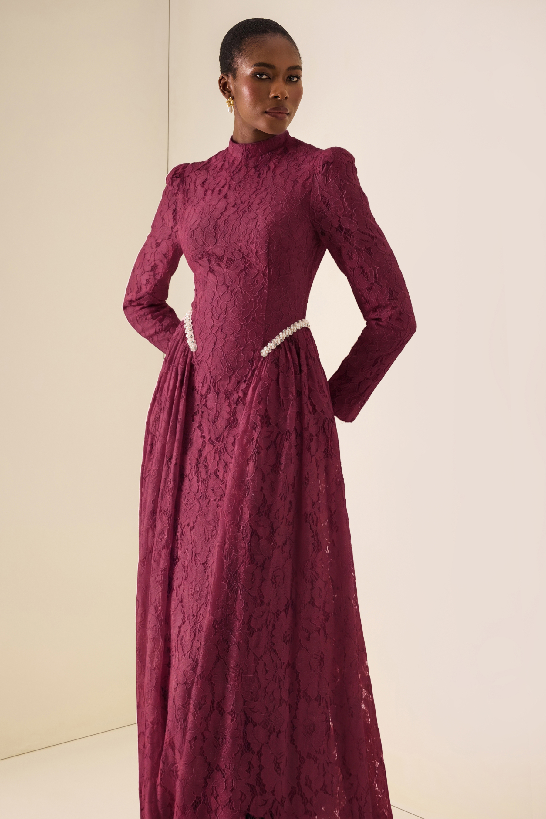 Lace Rivet Long Sleeve Maxi Dress