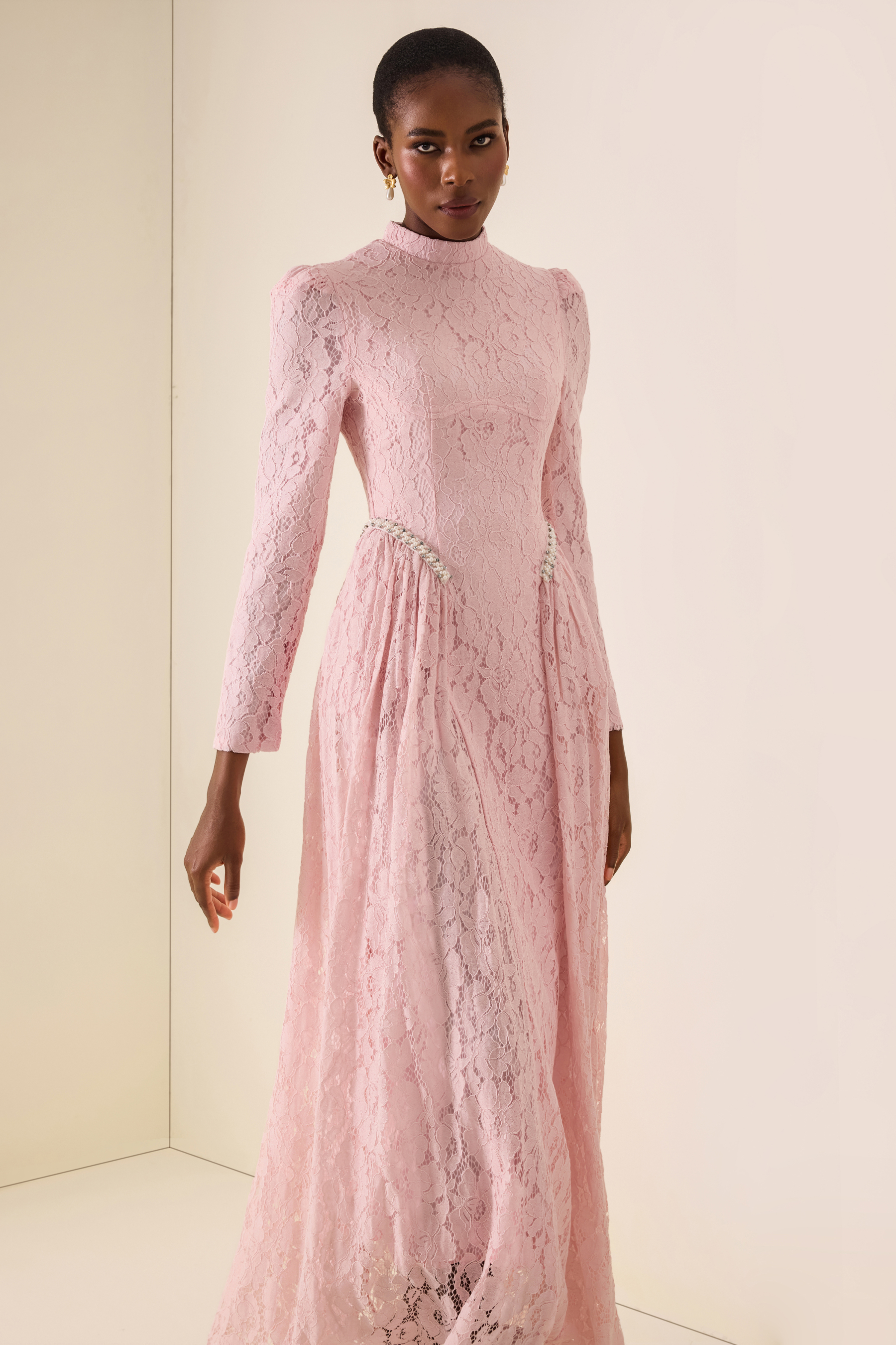 Lace Rivet Long Sleeve Maxi Dress