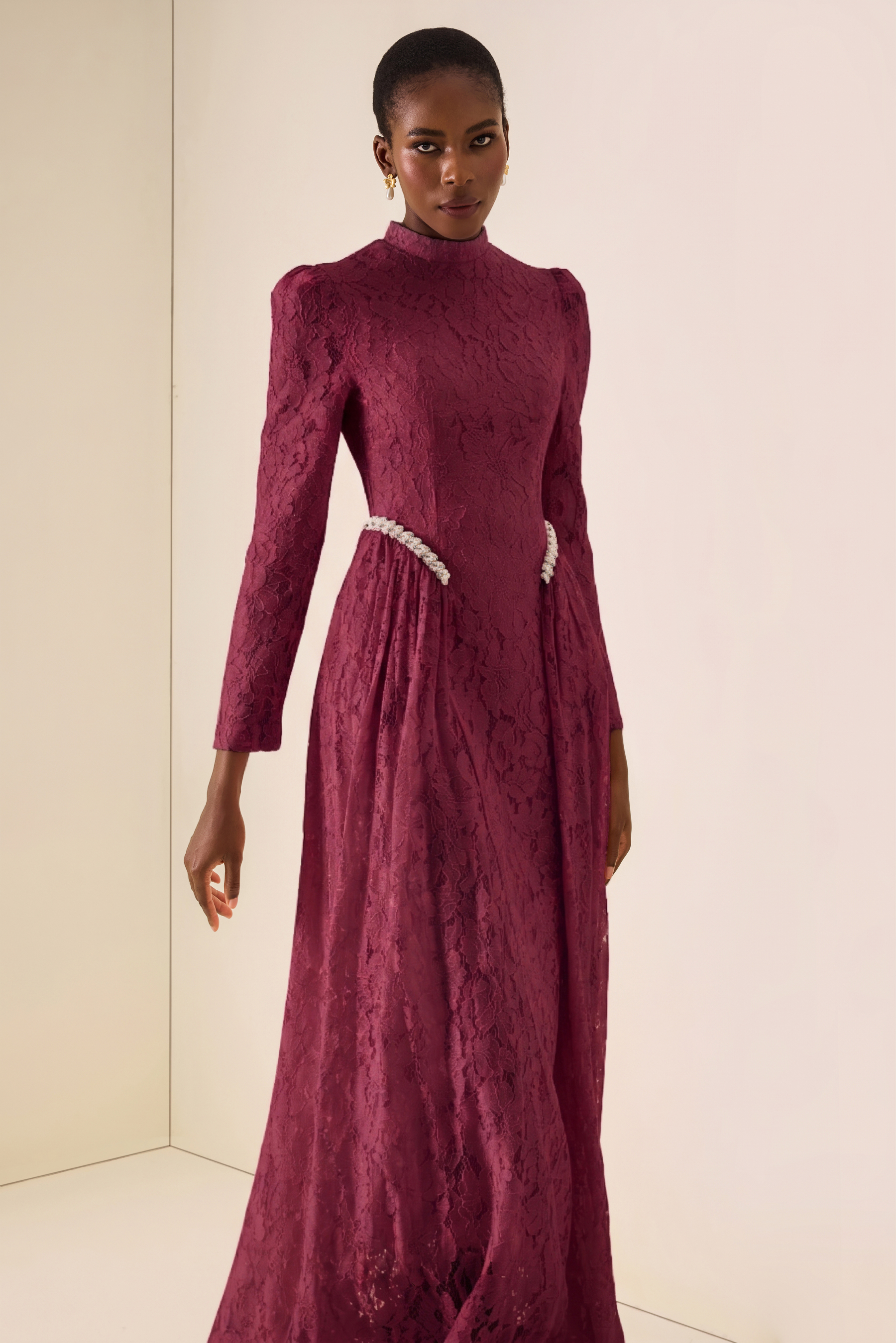 Lace Rivet Long Sleeve Maxi Dress