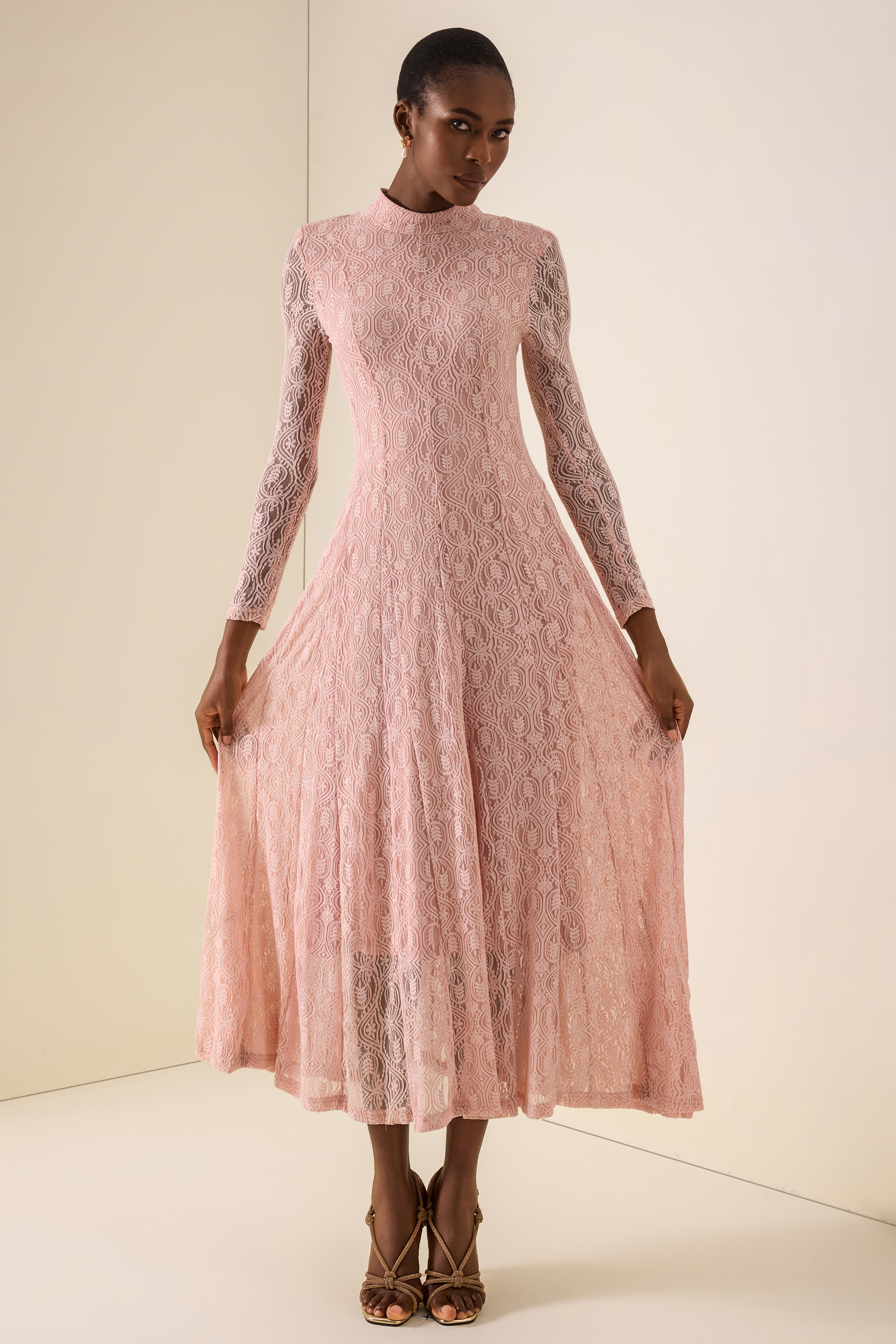 Lace Stand Collar Long Sleeve Midi Dress