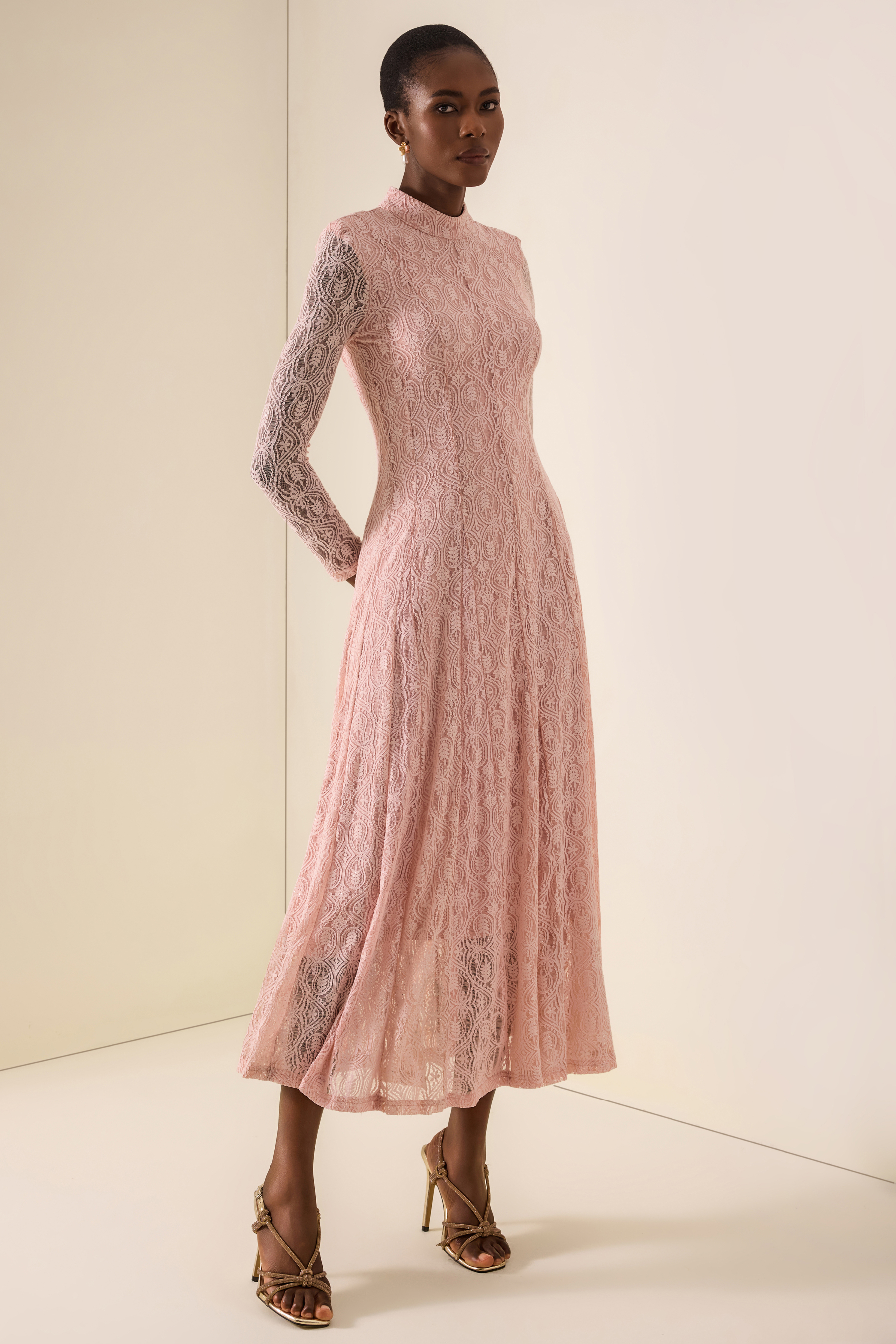 Lace Stand Collar Long Sleeve Midi Dress