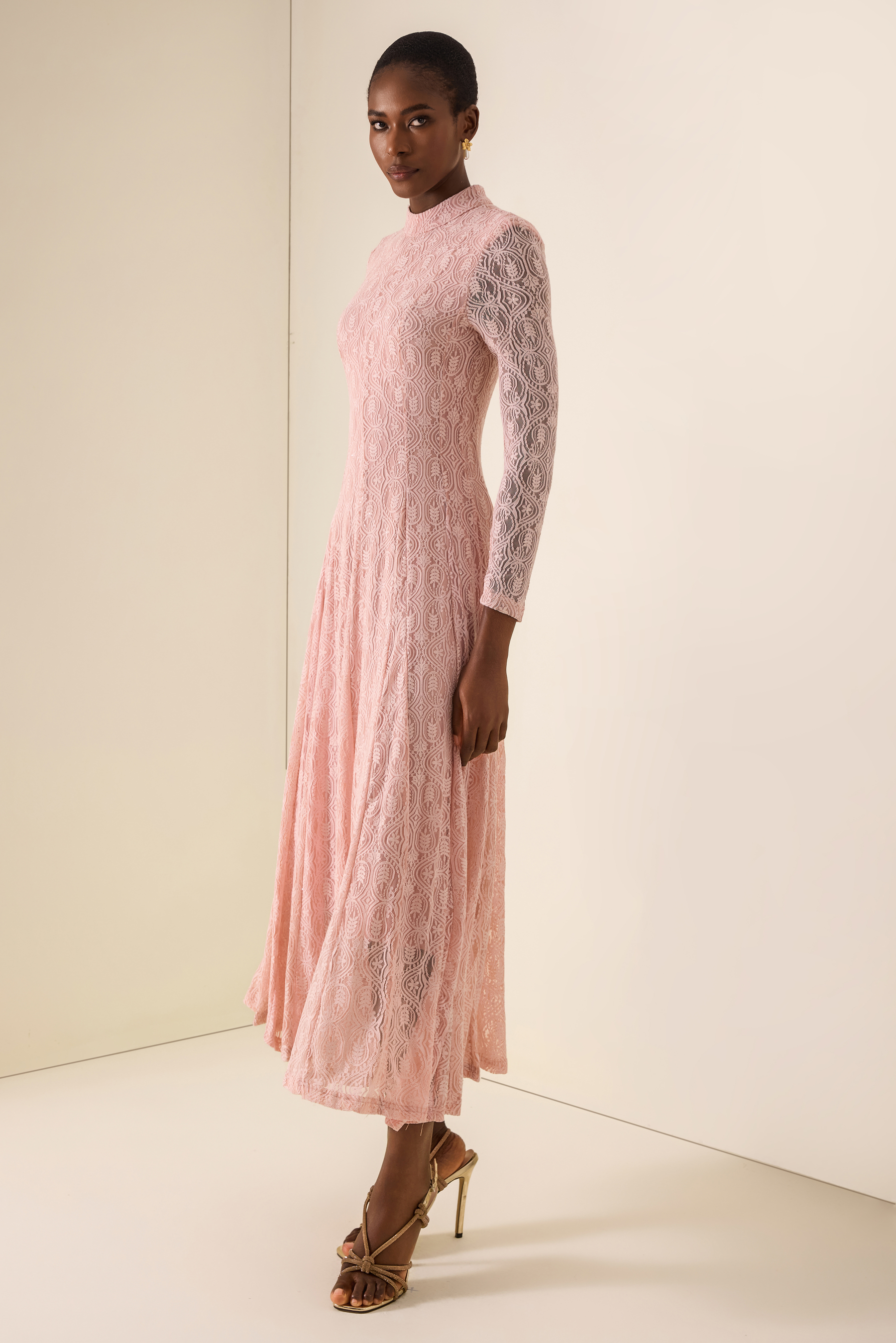 Lace Stand Collar Long Sleeve Midi Dress