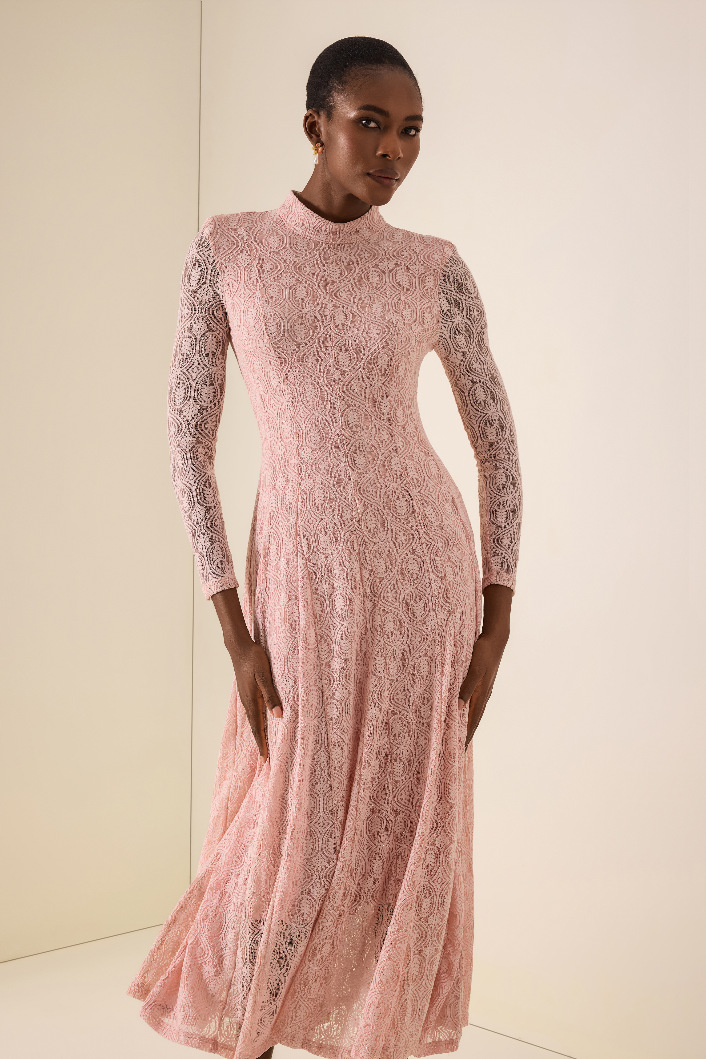 Lace Stand Collar Long Sleeve Midi Dress