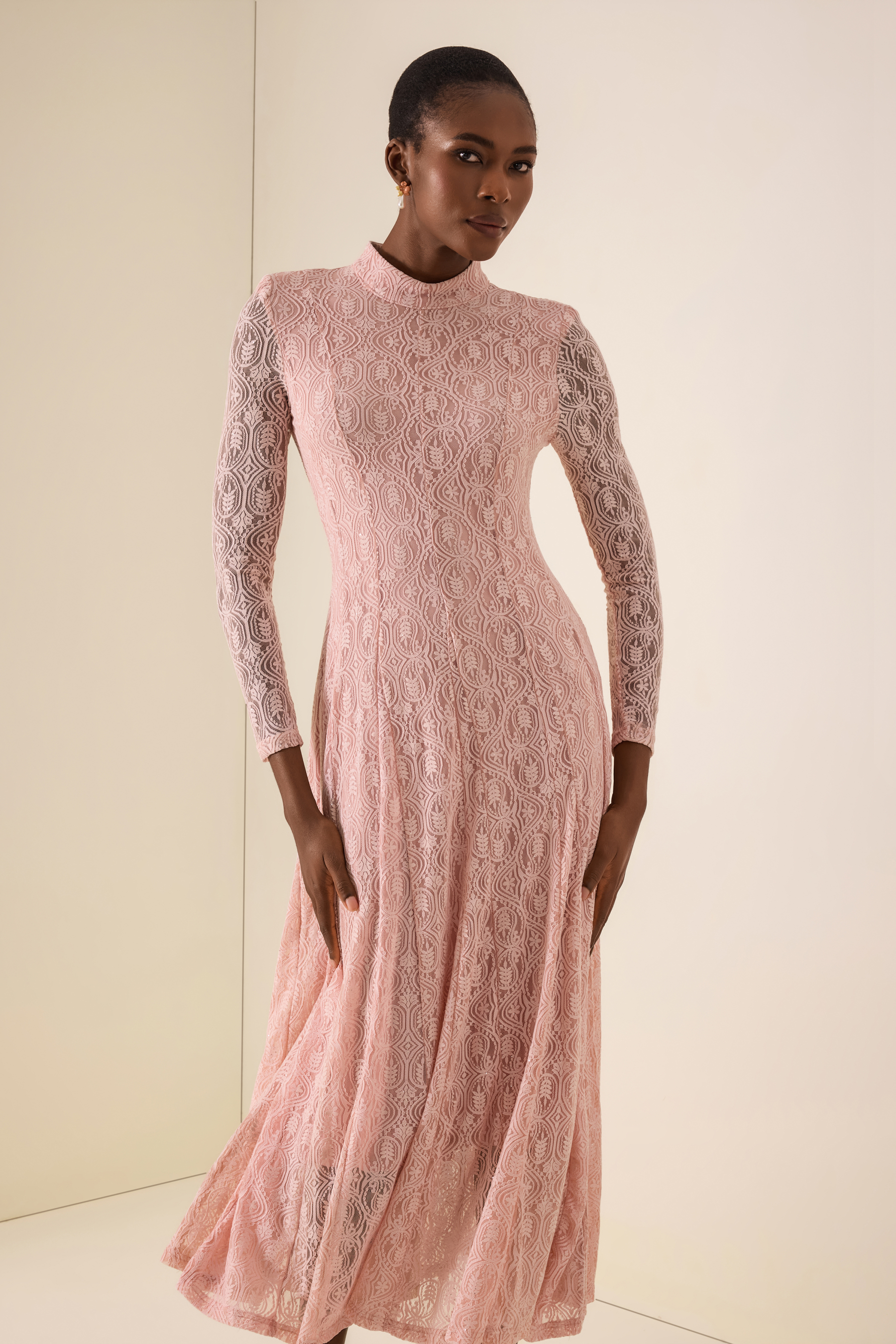Lace Stand Collar Long Sleeve Midi Dress