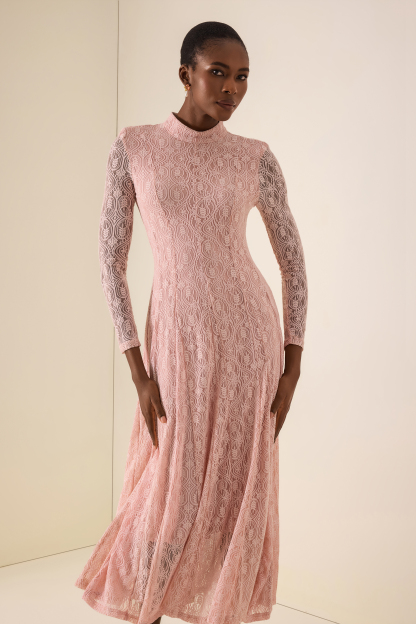 Lace Stand Collar Long Sleeve Midi Dress