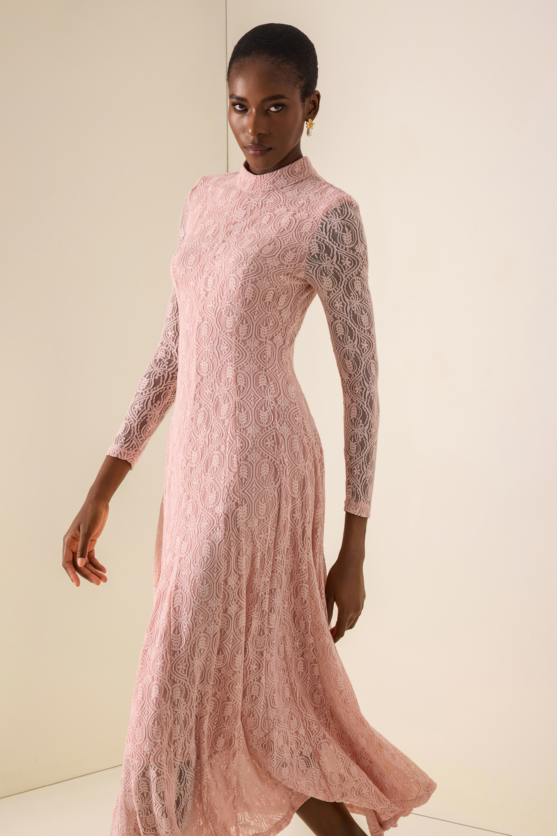 Lace Stand Collar Long Sleeve Midi Dress