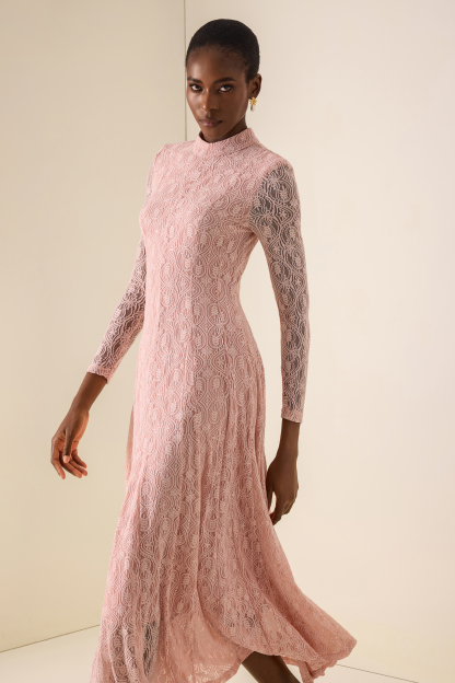 Lace Stand Collar Long Sleeve Midi Dress
