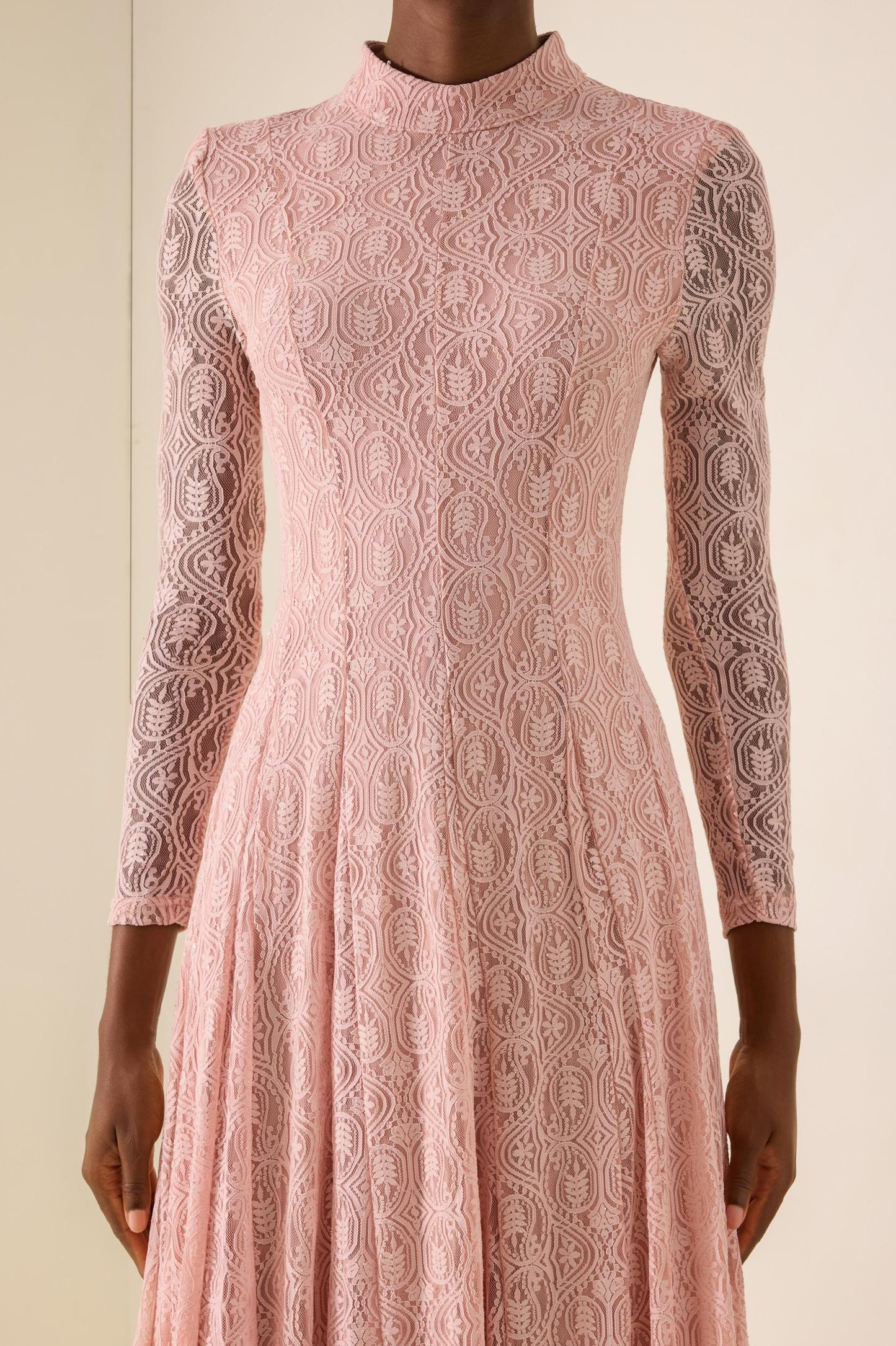 Lace Stand Collar Long Sleeve Midi Dress