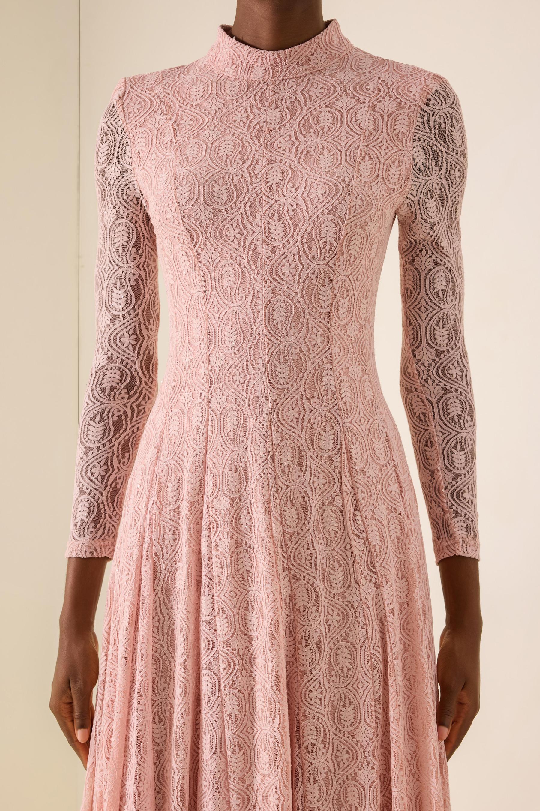 Lace Stand Collar Long Sleeve Midi Dress