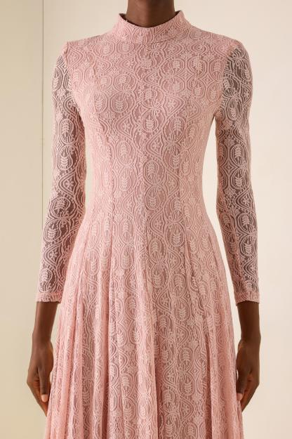 Lace Stand Collar Long Sleeve Midi Dress