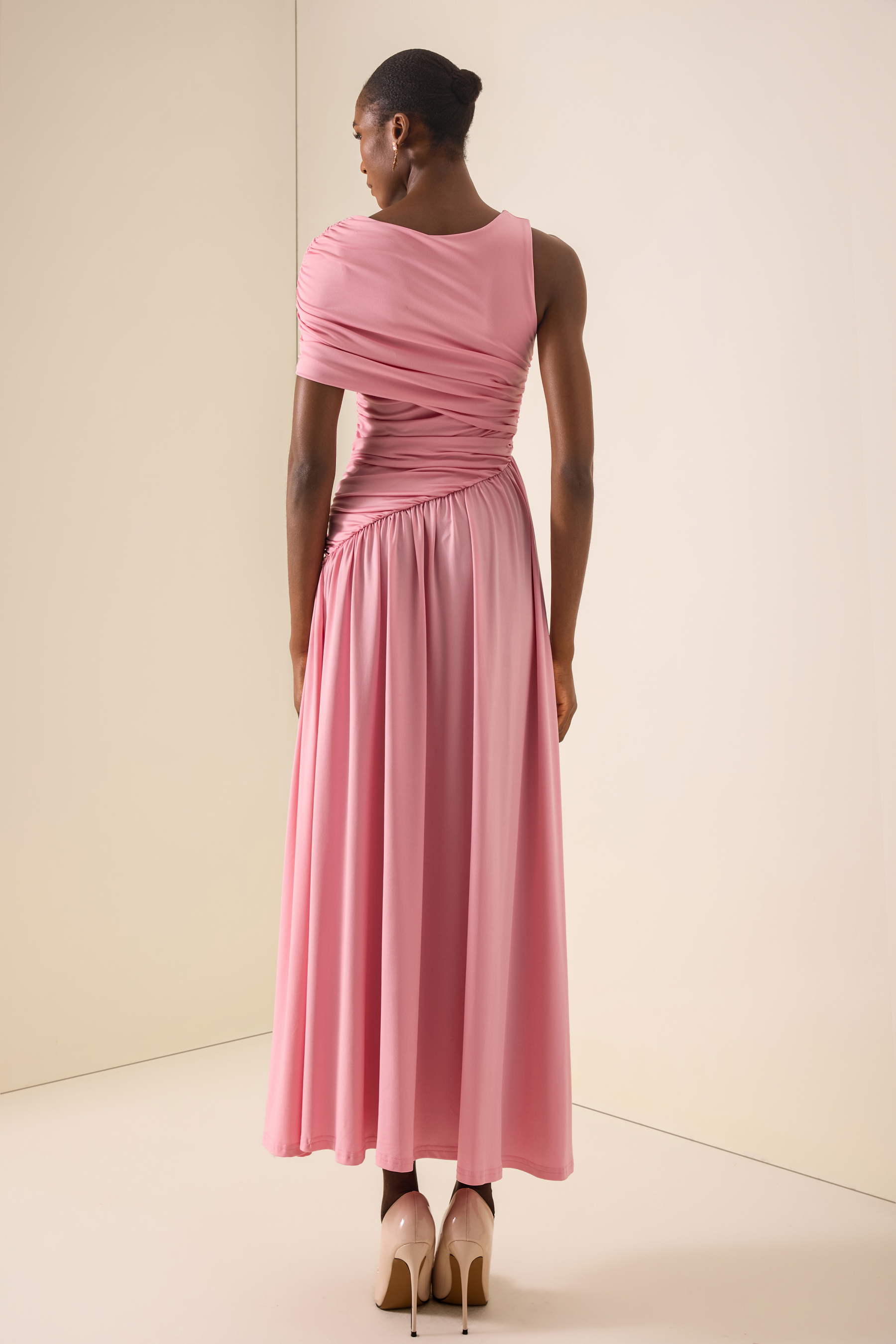 Solid Ruched Asymmetric Maxi Dress