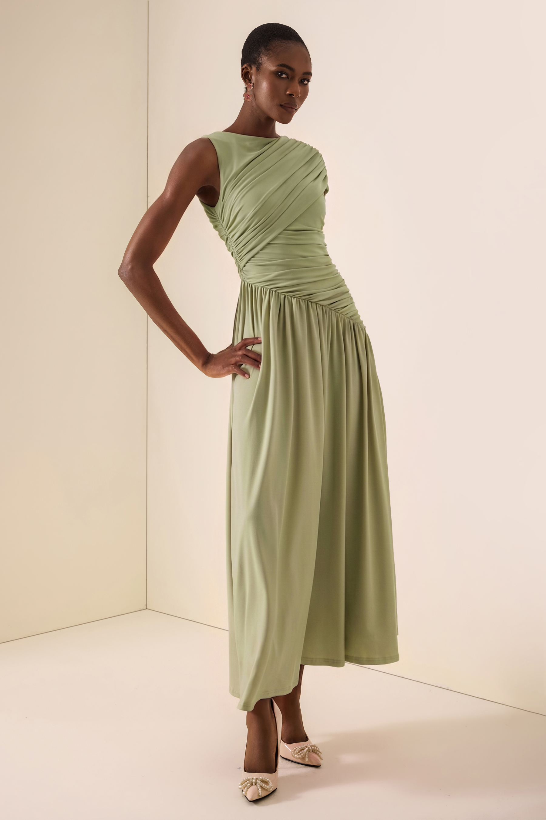 Solid Ruched Asymmetric Maxi Dress