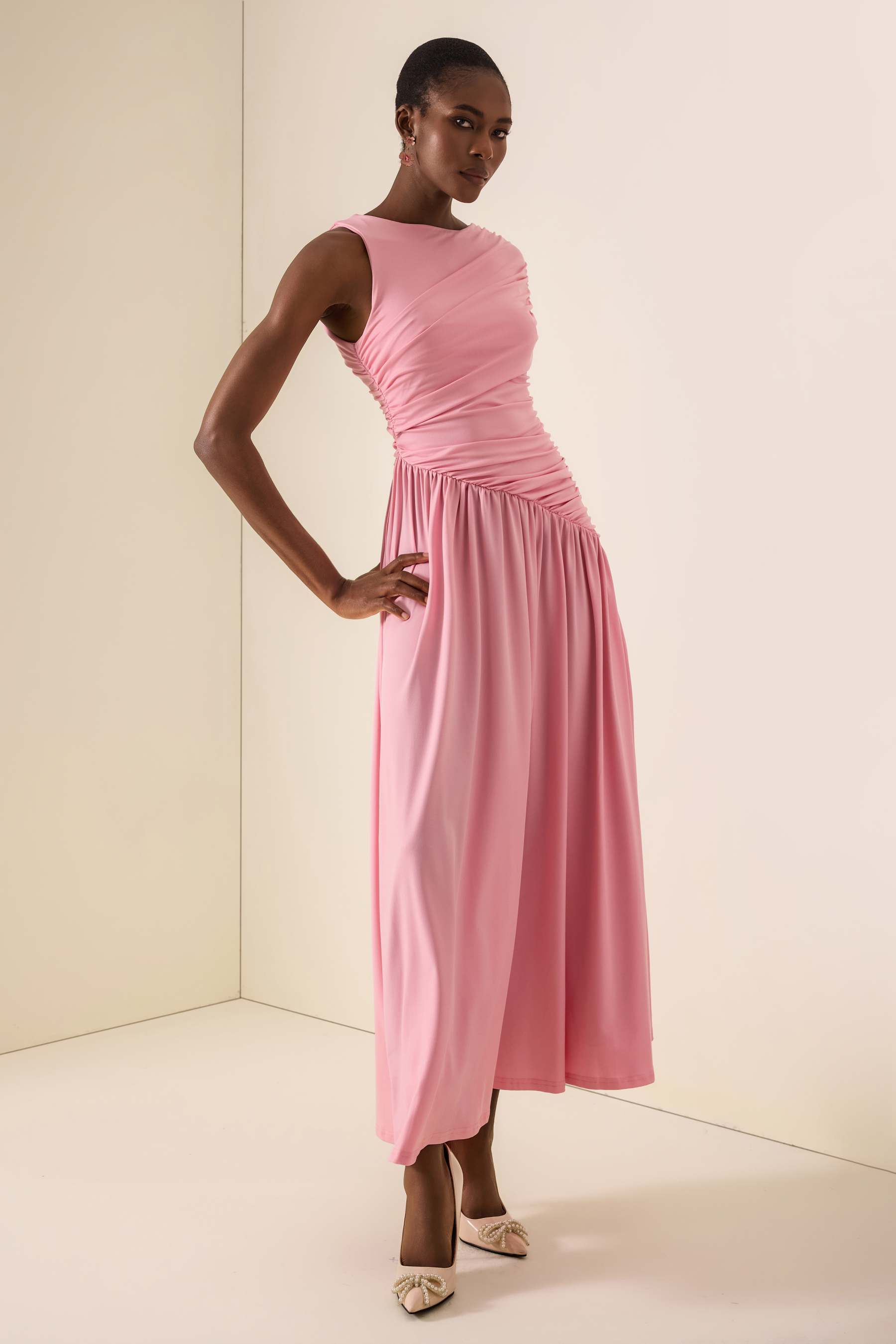 Solid Ruched Asymmetric Maxi Dress