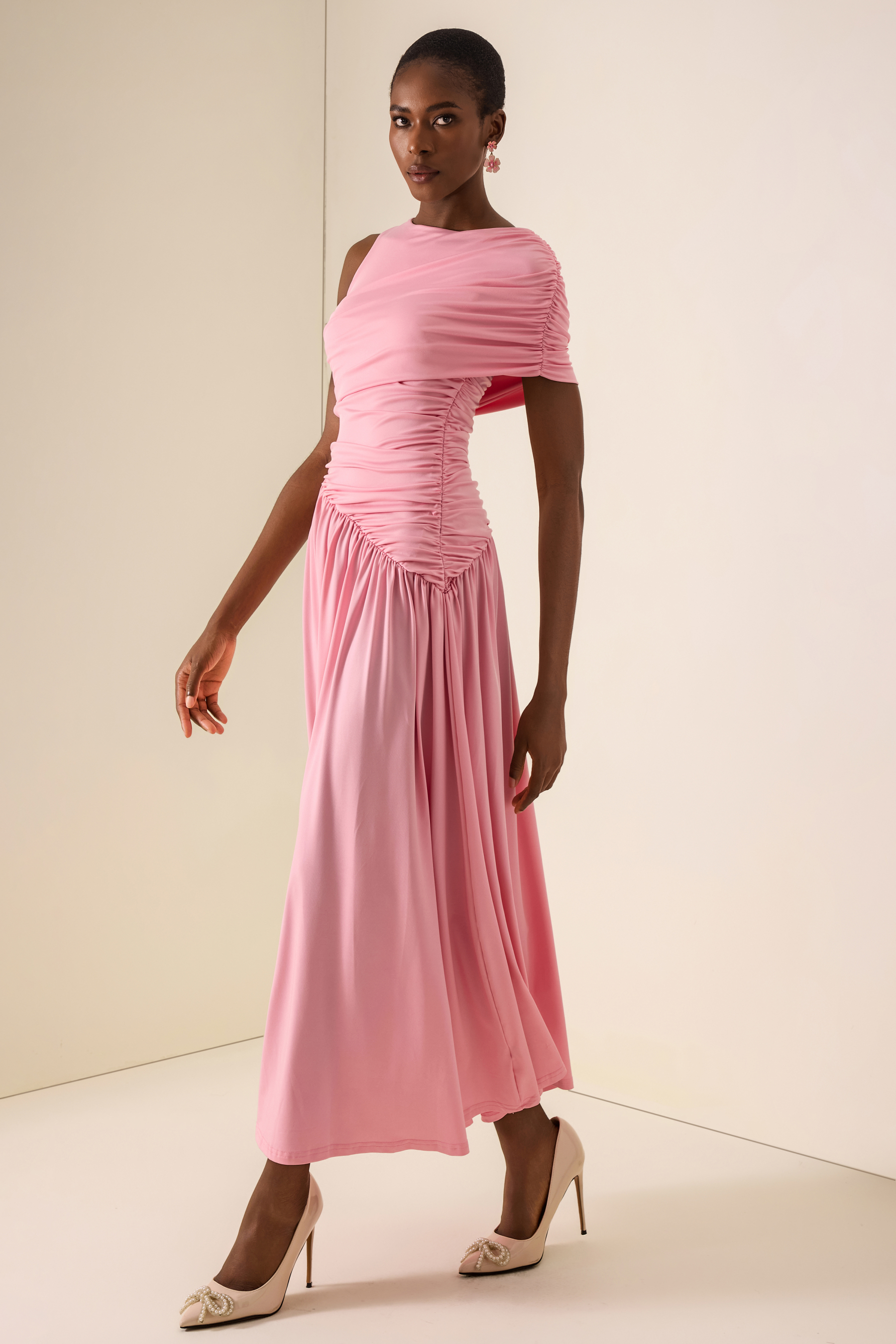 Solid Ruched Asymmetric Maxi Dress