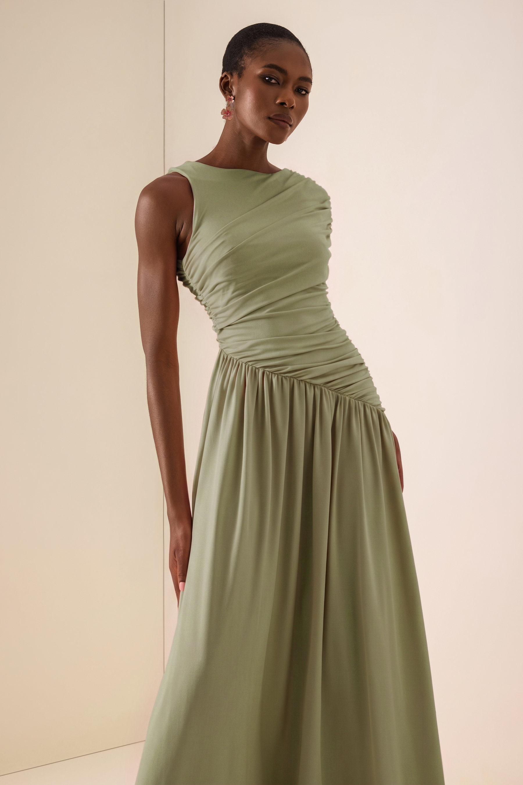 Solid Ruched Asymmetric Maxi Dress