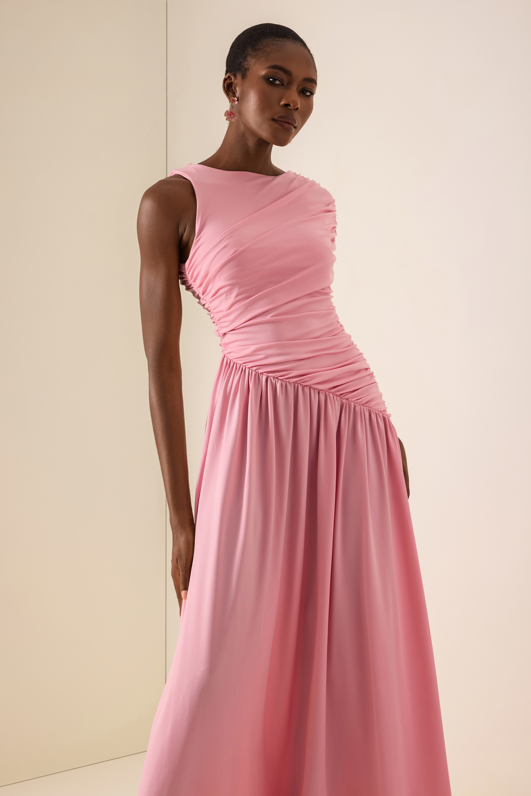 Solid Ruched Asymmetric Maxi Dress