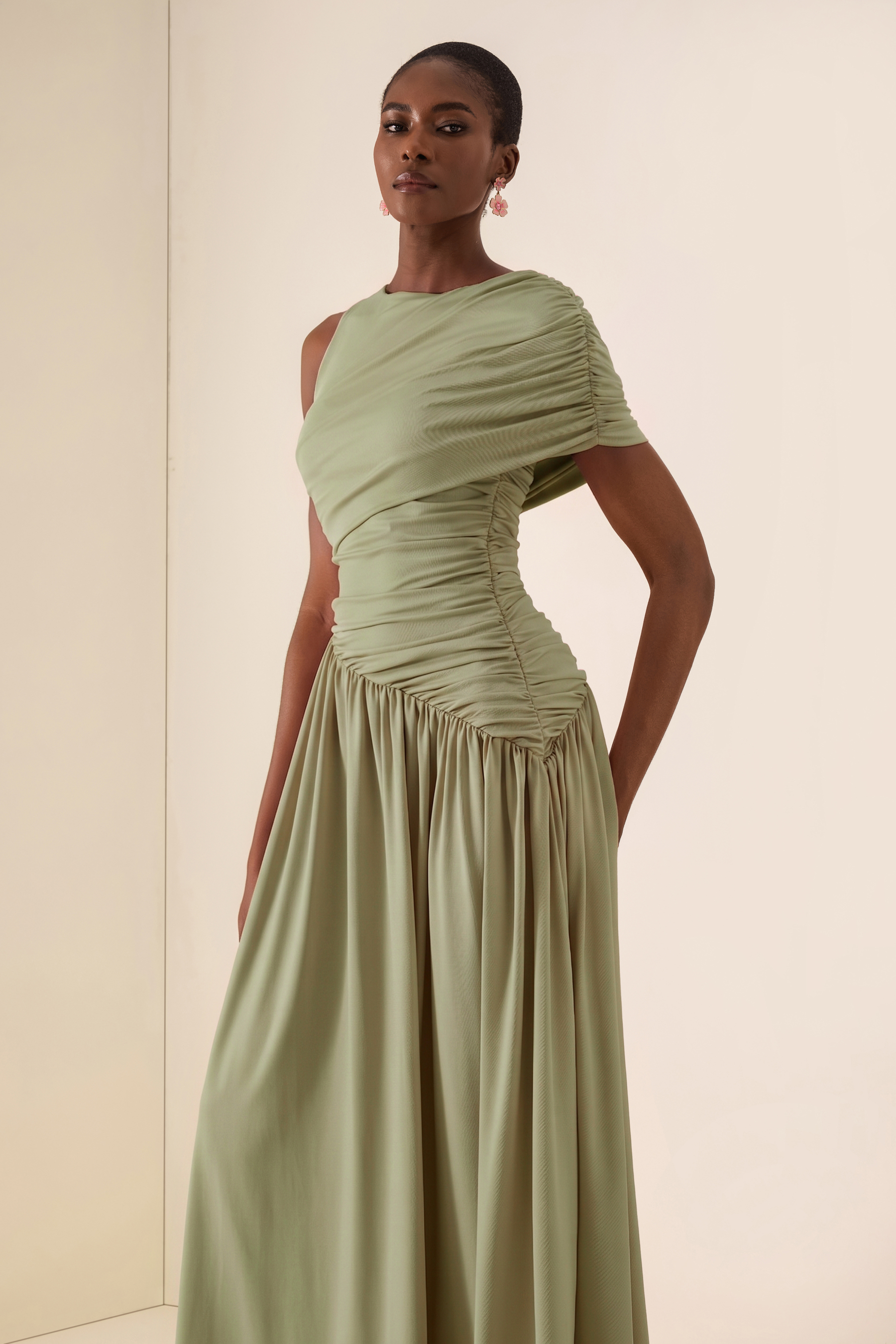 Solid Ruched Asymmetric Maxi Dress