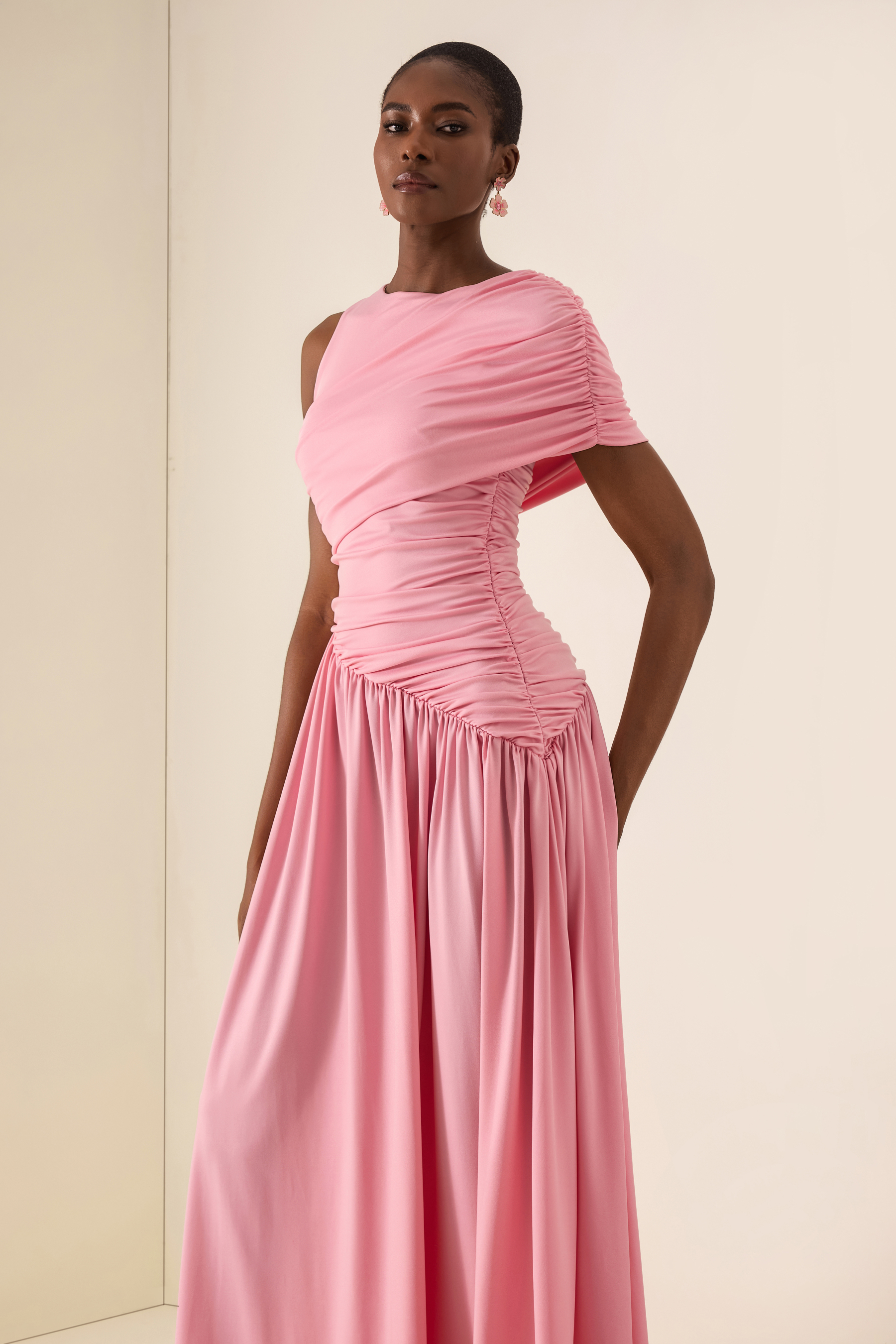 Solid Ruched Asymmetric Maxi Dress
